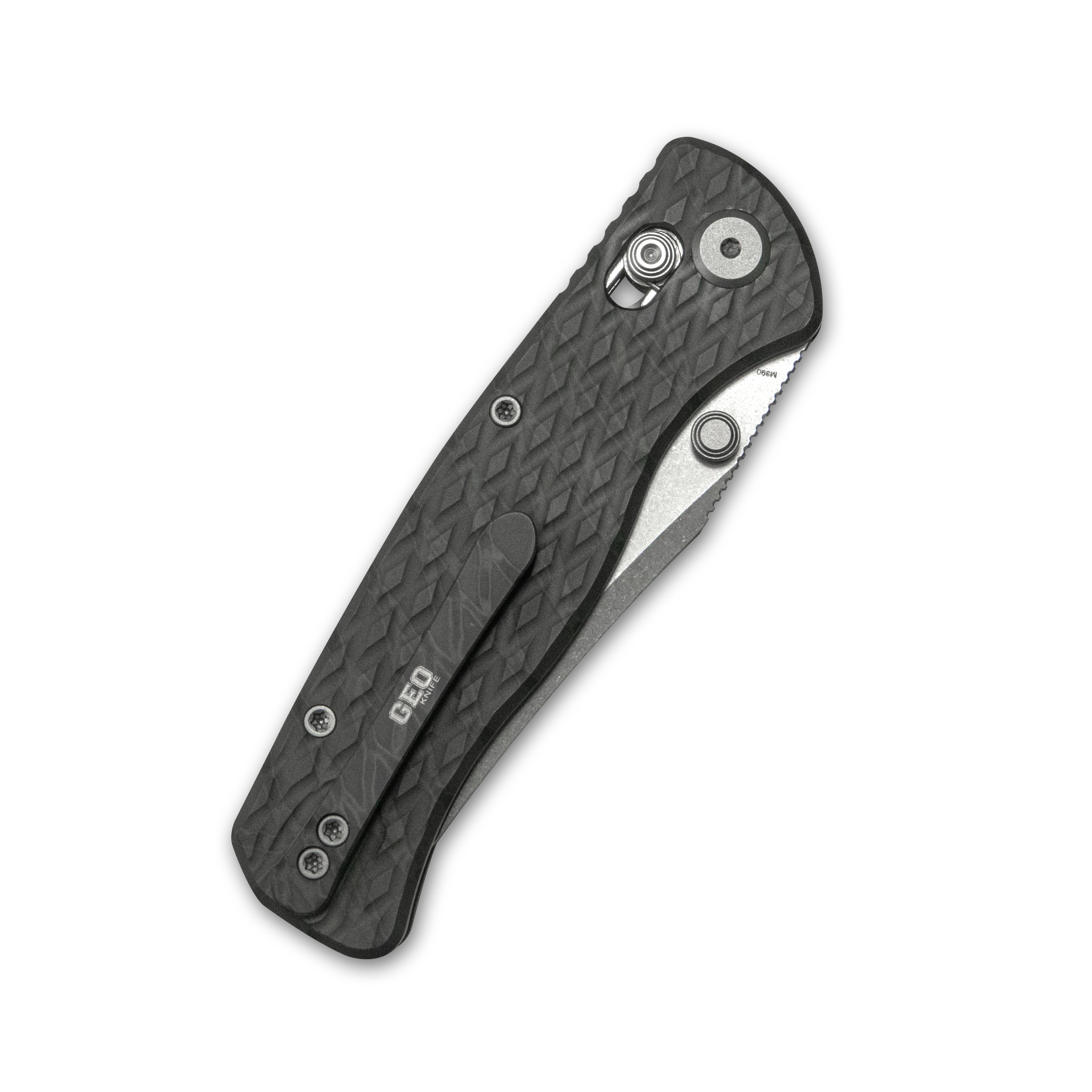 GEO Knife Sharp Shadow Axis lock Folding Knife Tiger Stripe Pattern Flamed 6AL4V Titanium Handle 3.4" Stonewash Bohler M390 Blade GEO2504C