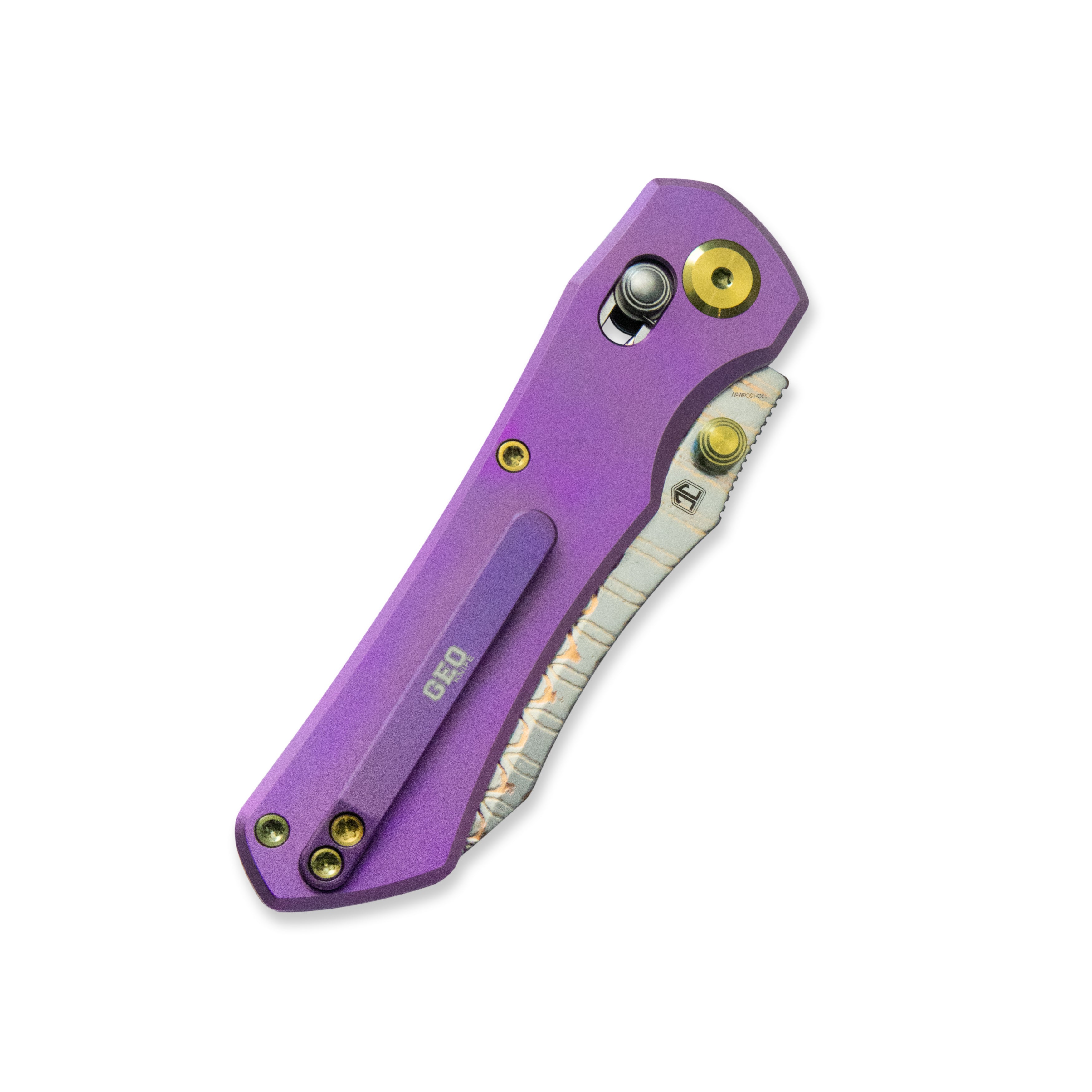 GEO Knife Komodo Axis lock Folding Knife Purple 6AL4V Titanium Handle 3.1" Damascus Steel & Copper Blade(10Cr15CoMoV) GEO2509C
