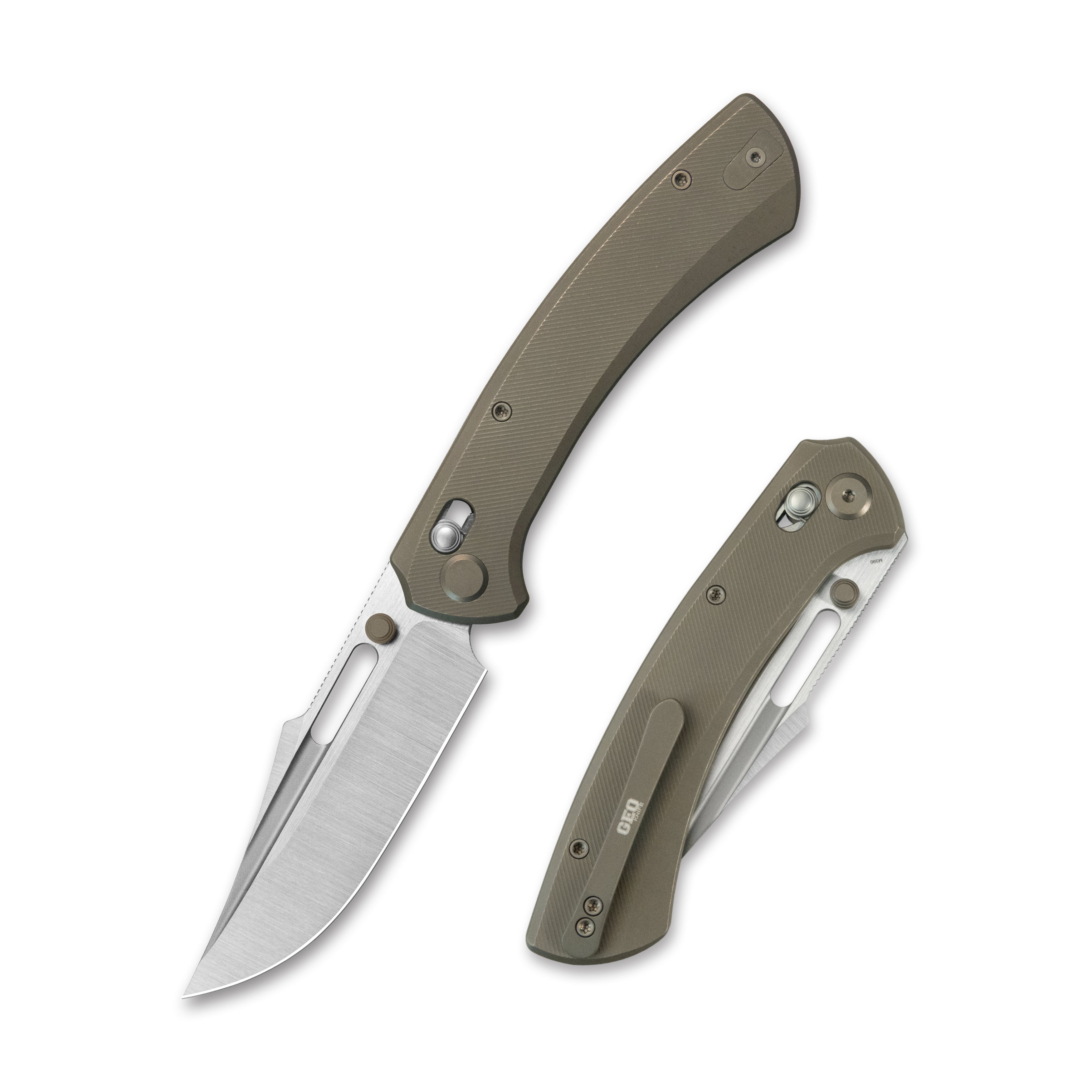 GEO Knife Strix Axis lock Folding Knife Bronze 6AL4V Titanium Handle 3.6" Hand-Rubbed Satin Stonewash Bohler M390 Blade GEO2510C
