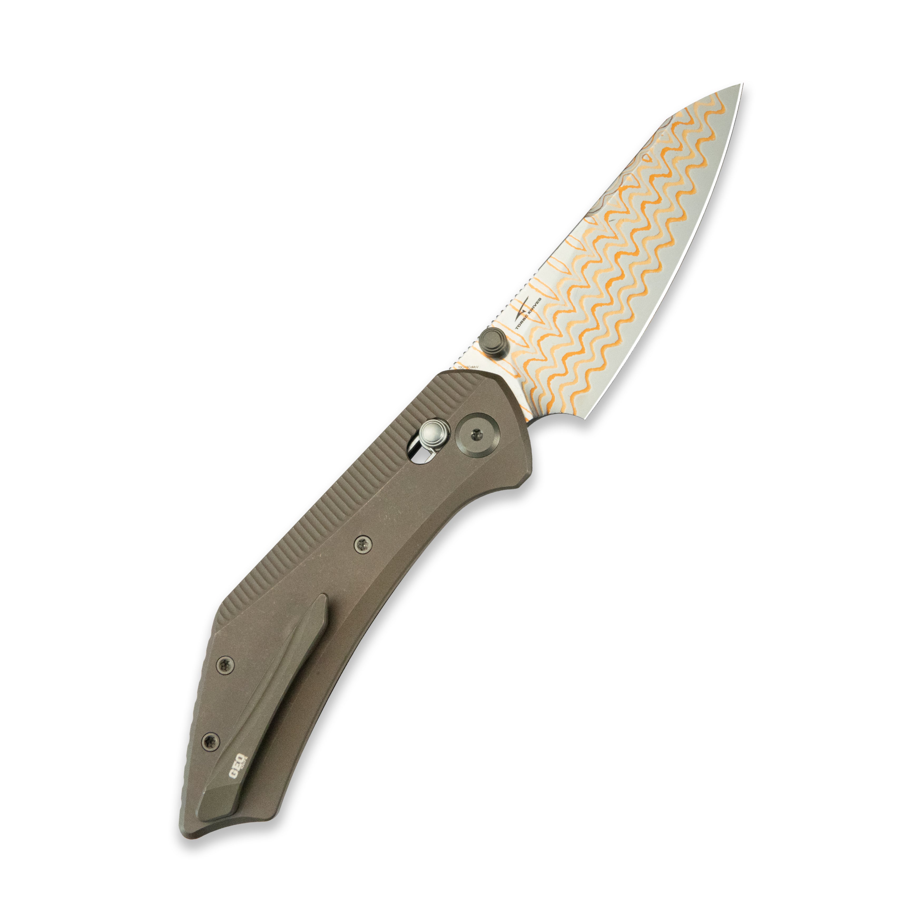 GEO Knife DIVID Axis lock Folding Knife Bronze 6AL4V Titanium Handle 3.1" Damascus Steel & Copper Blade(10Cr15CoMoV) GEO2507D