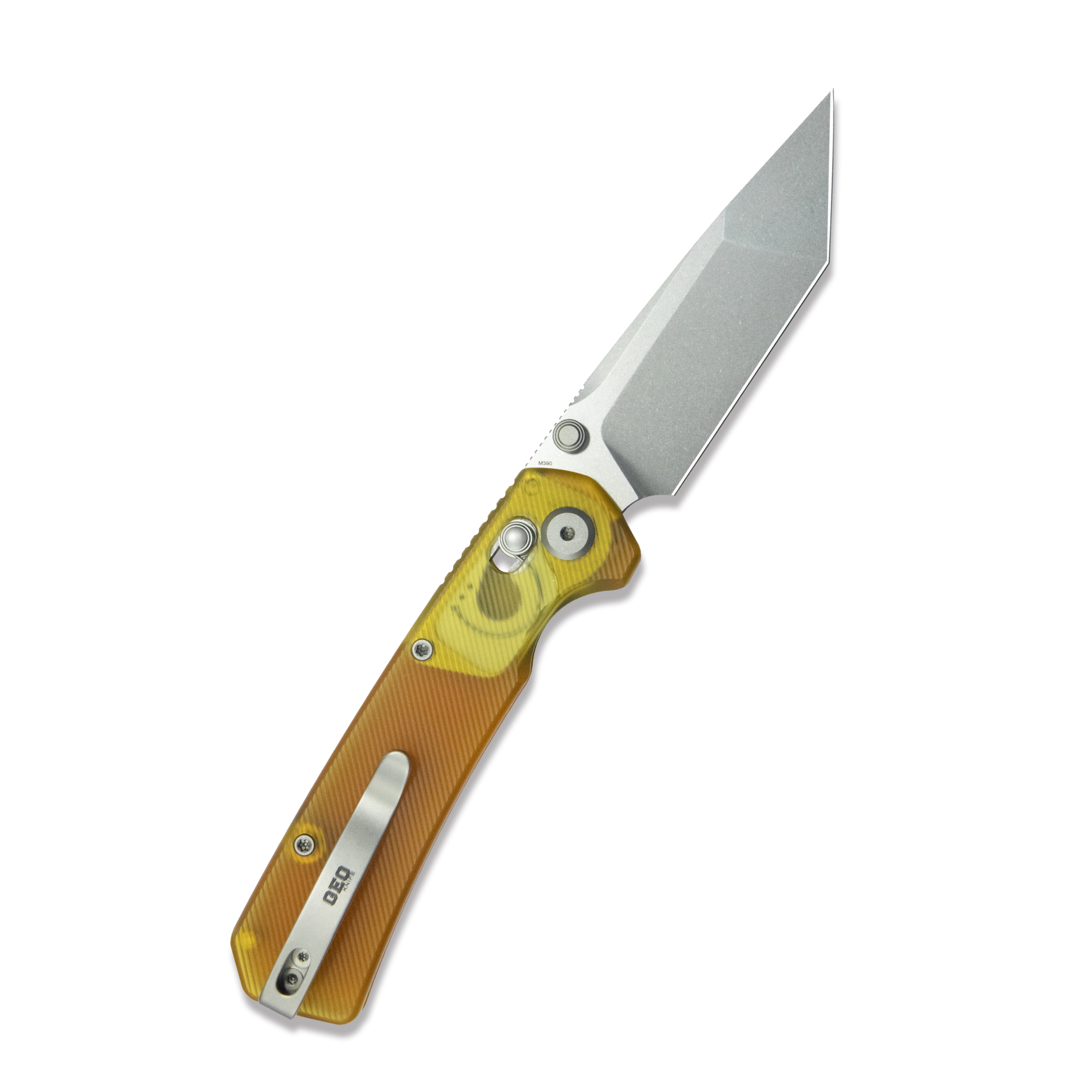 GEO Knife Blaze Crossbar lock Folding Knife Ultem Handle 3.3" Stonewash Bohler M390 Blade GEO2503J
