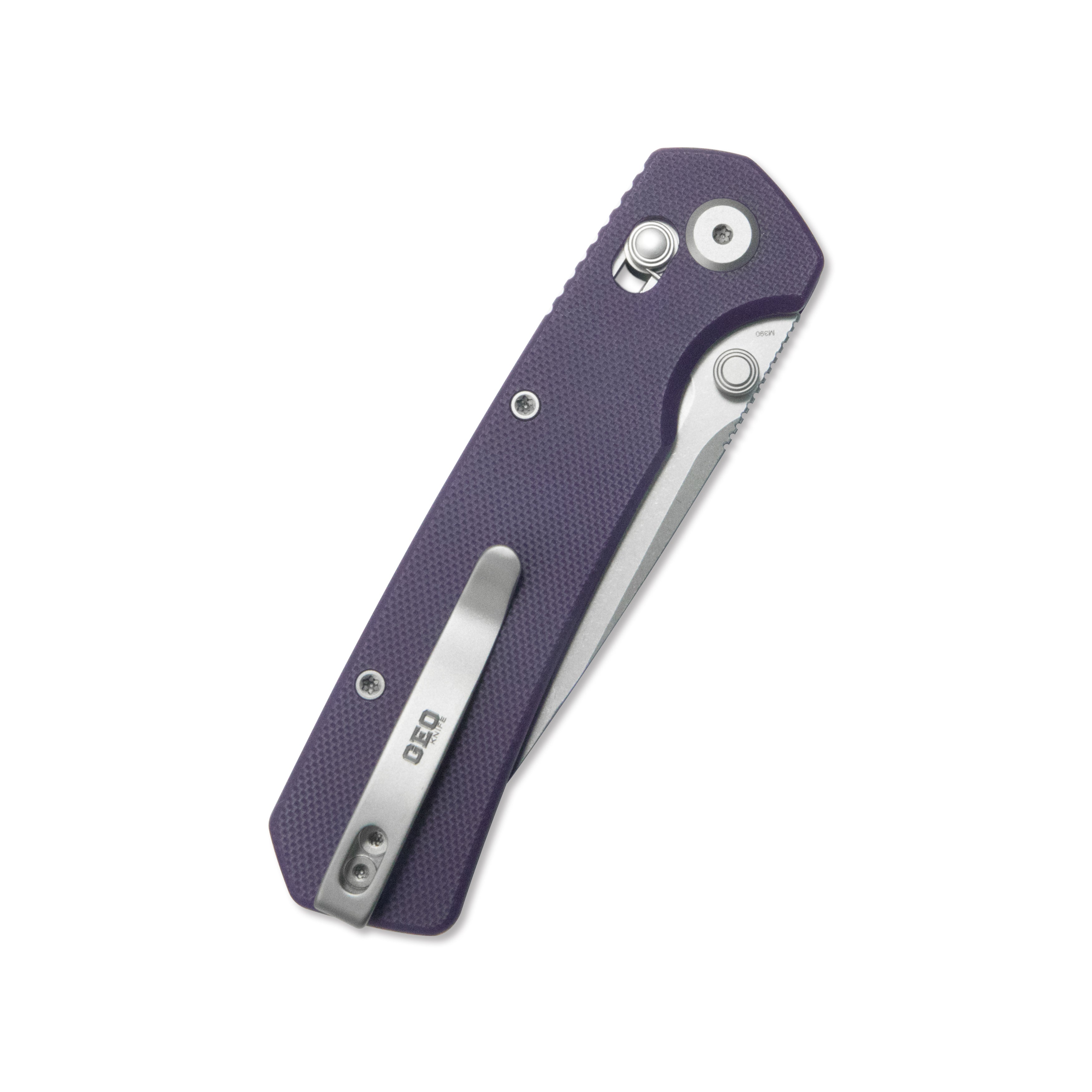 ( Pre-order ) GEO Knife Blaze Crossbar lock Folding Knife Purple G10 Handle 3.3" Stonewash Bohler M390 Blade GEO2503F