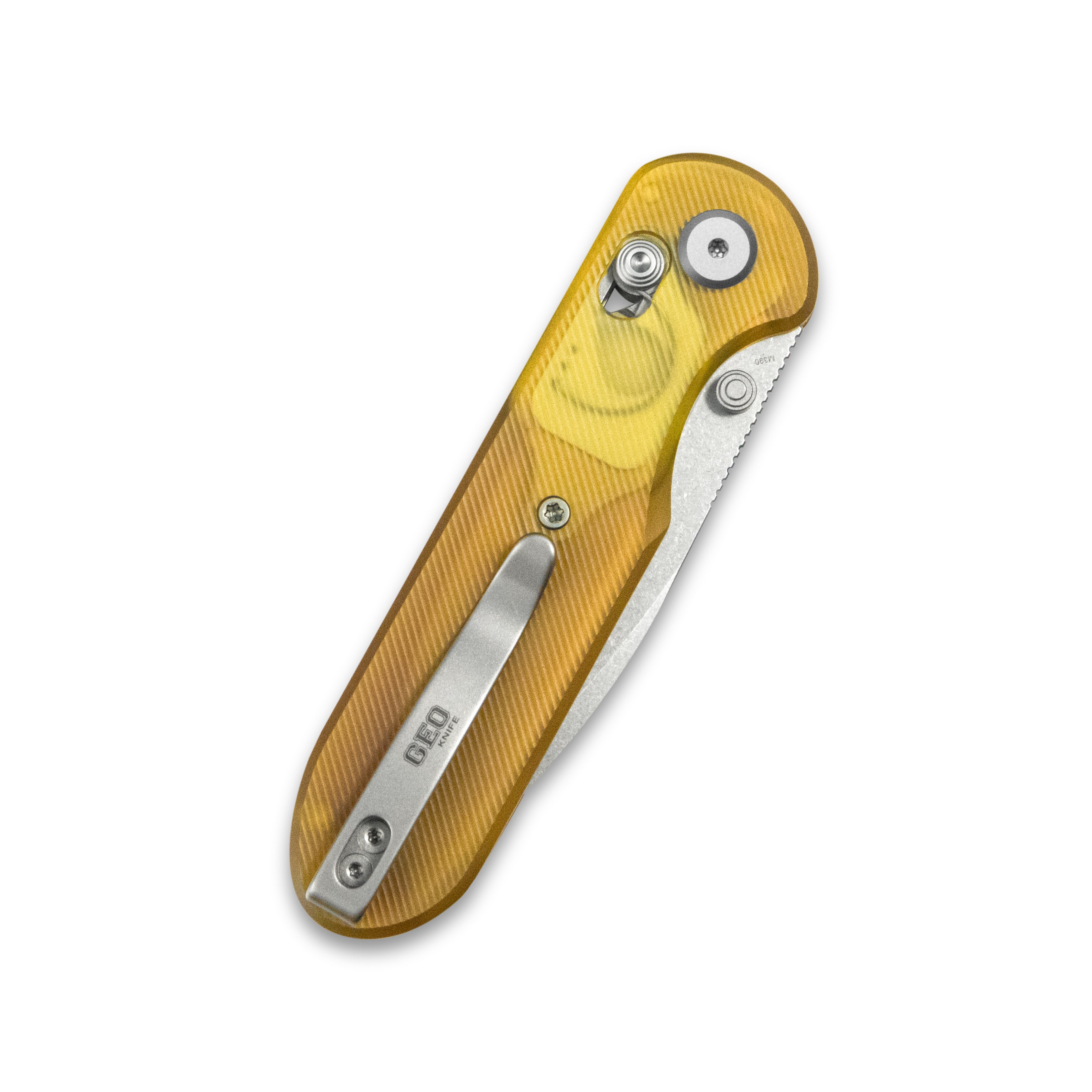 (Pre-order)( Before February 5th): GEO Knife Ethereal Cutter Axis lock Folding Knife Ultem Handle 3.0" Stonewash Bohler M390 Blade GEO2402E