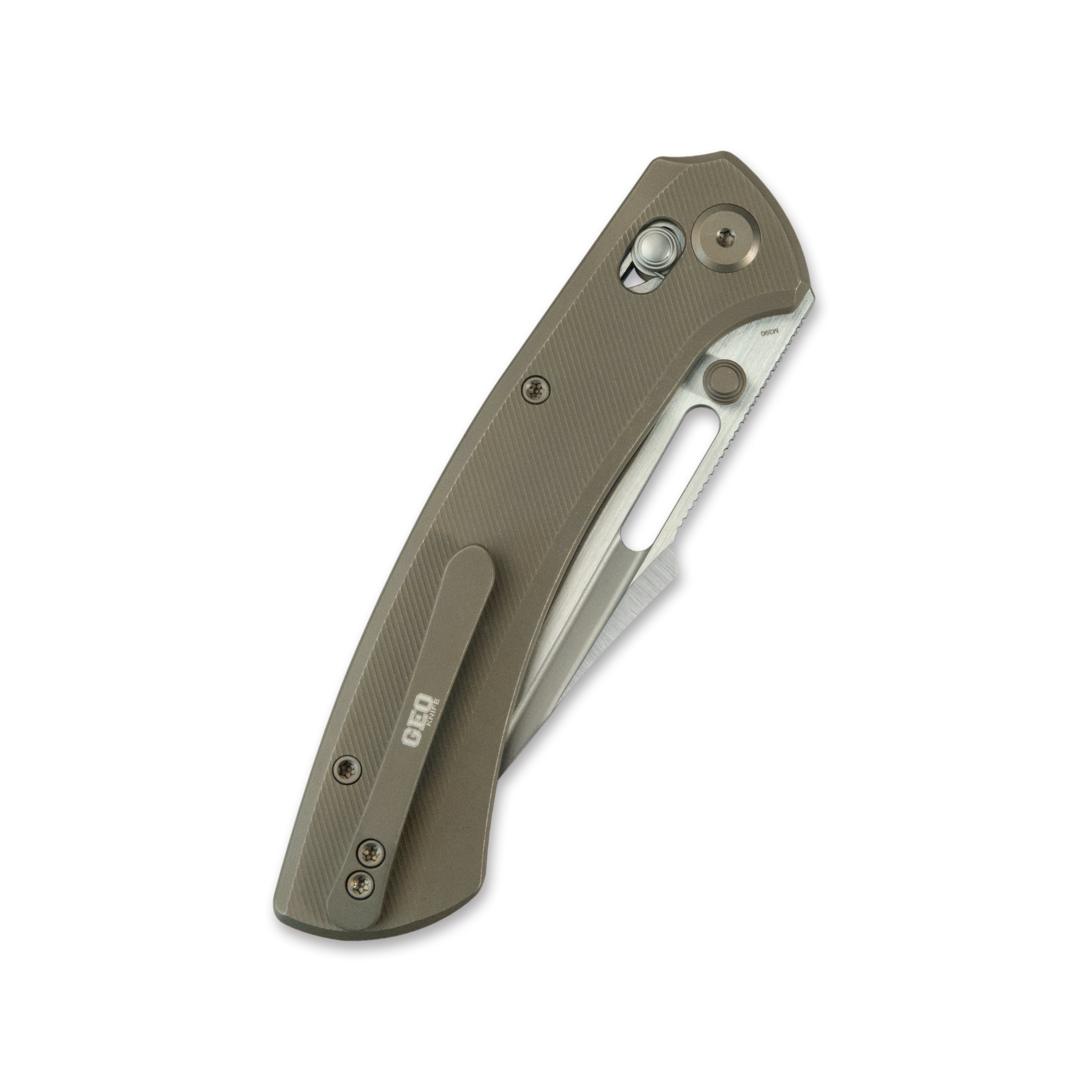 GEO Knife Strix Crossbar lock Folding Knife Bronze 6AL4V Titanium Handle 3.6" Hand-Rubbed Satin Stonewash Bohler M390 Blade GEO2510C