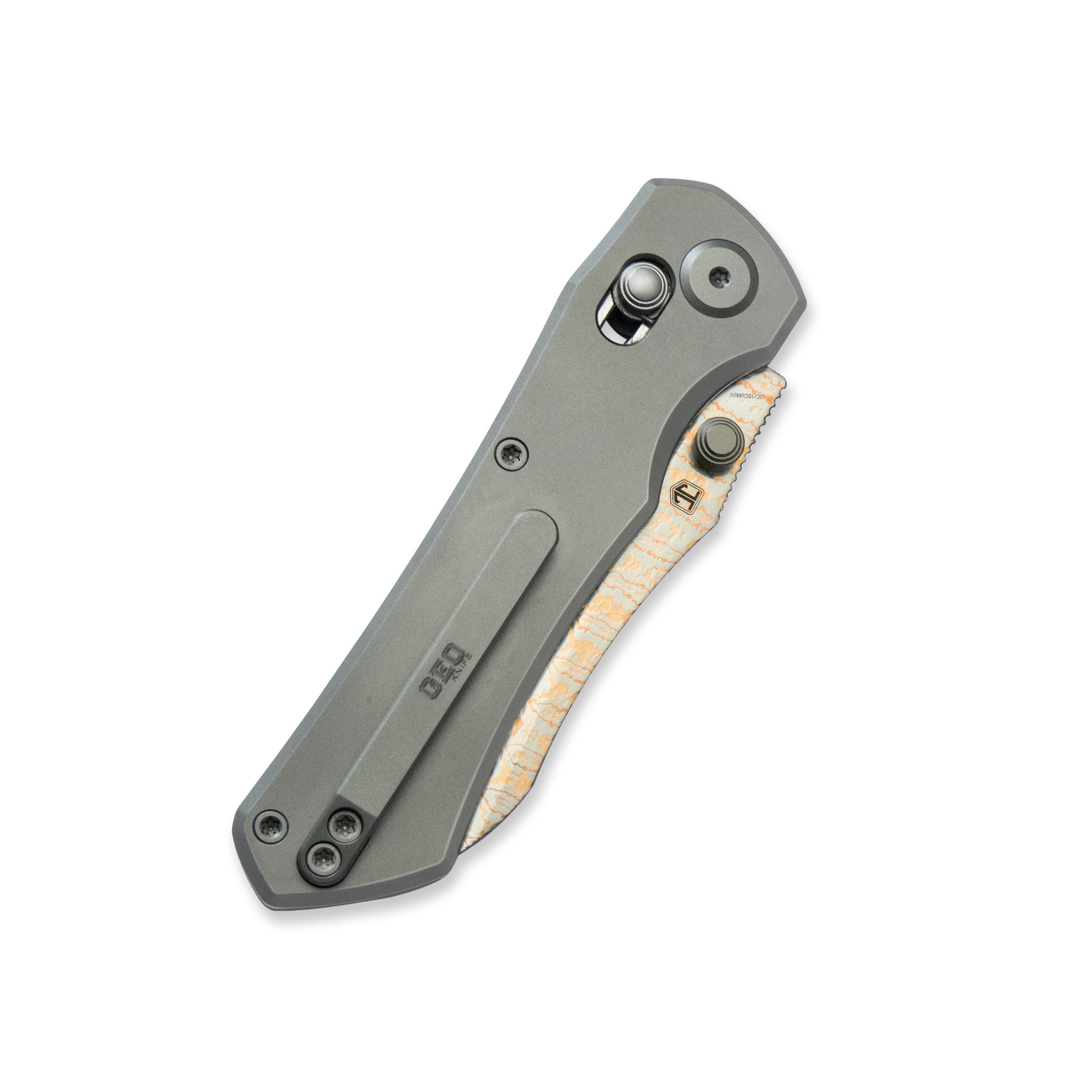 GEO Knife Komodo Axis lock Folding Knife Gray 6AL4V Titanium Handle 3.1" Damascus Steel & Copper Blade(10Cr15CoMoV) GEO2509A