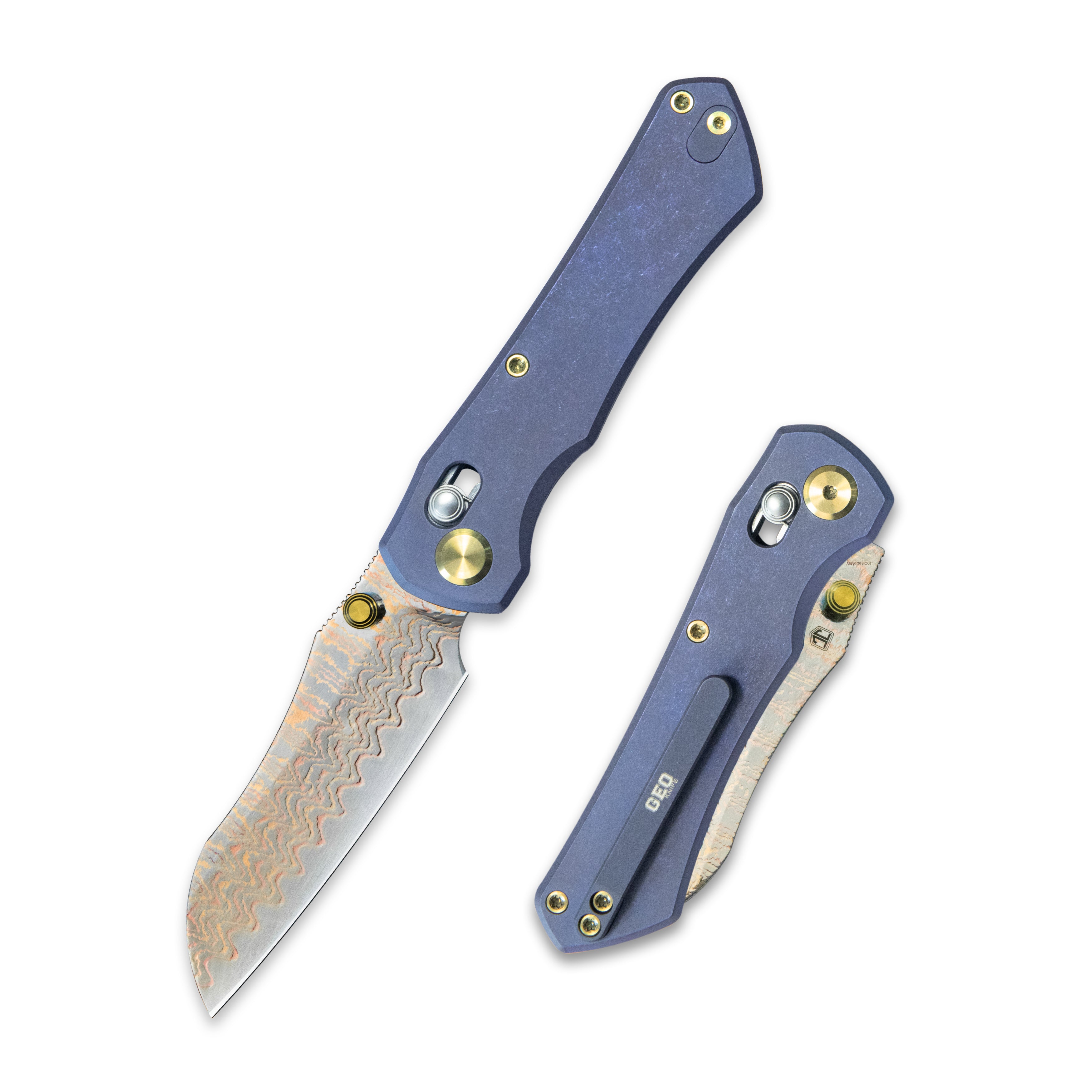GEO Knife Komodo Axis lock Folding Knife Blue 6AL4V Titanium Handle 3.1" Damascus Steel & Copper Blade(10Cr15CoMoV) GEO2509B