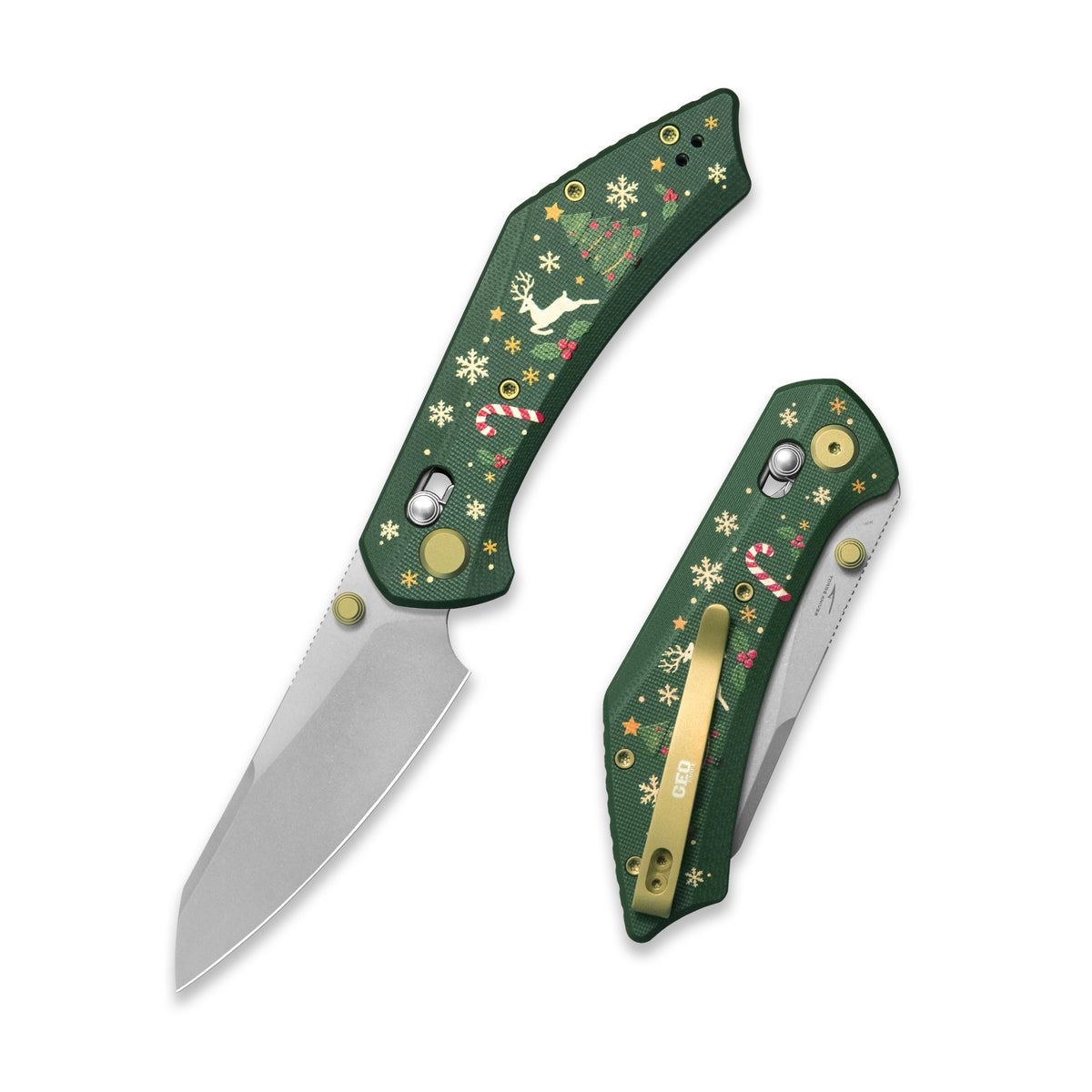 (Pre-order) Christmas Edition: GEO Knife DIVID Crossbar lock Folding Knife Green G10 Handle 3.3" Stonewash Bohler M390 Blade GEO2507L