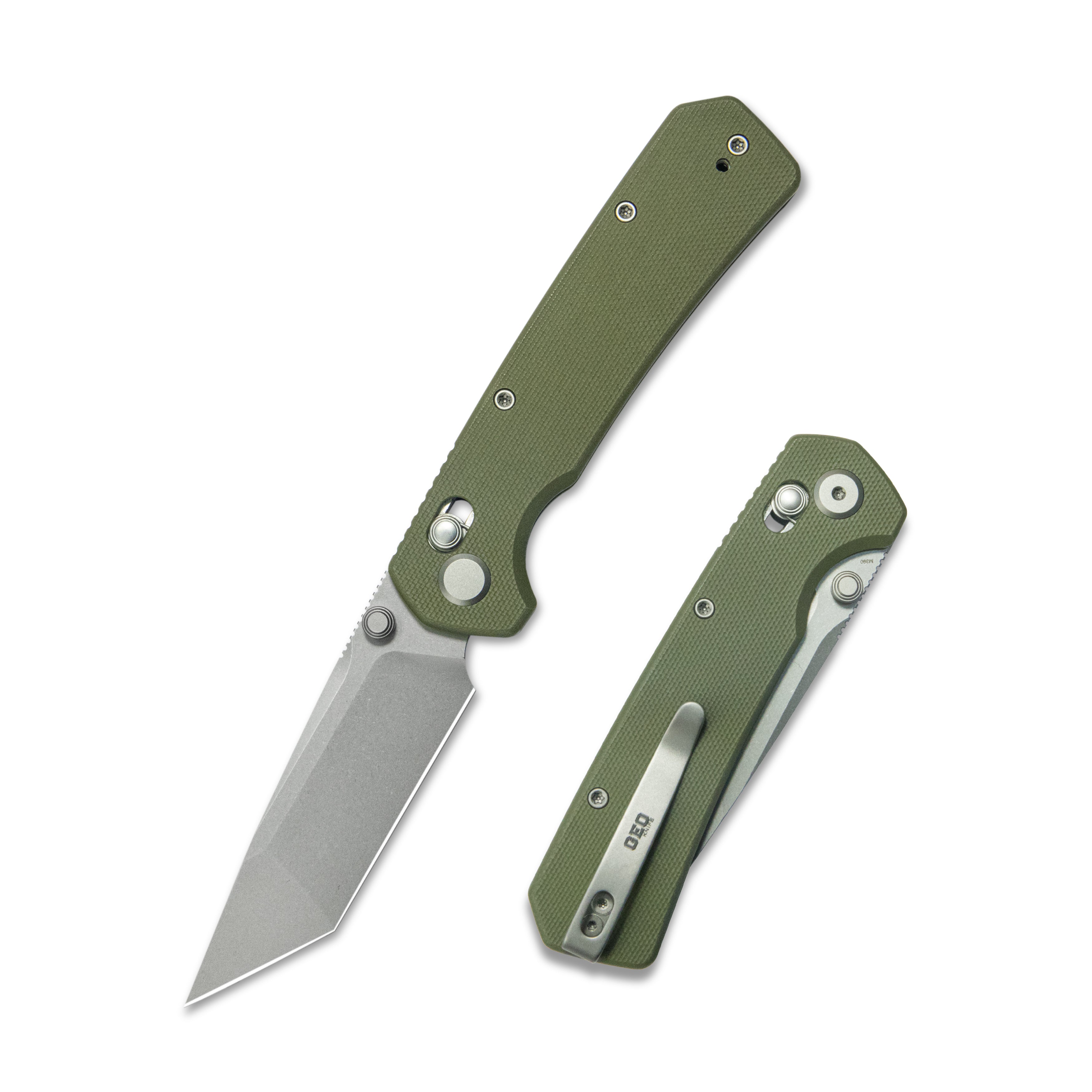 GEO Knife Blaze Crossbar lock Folding Knife Green G10 Handle 3.3" Stonewash Bohler M390 Blade GEO2503H