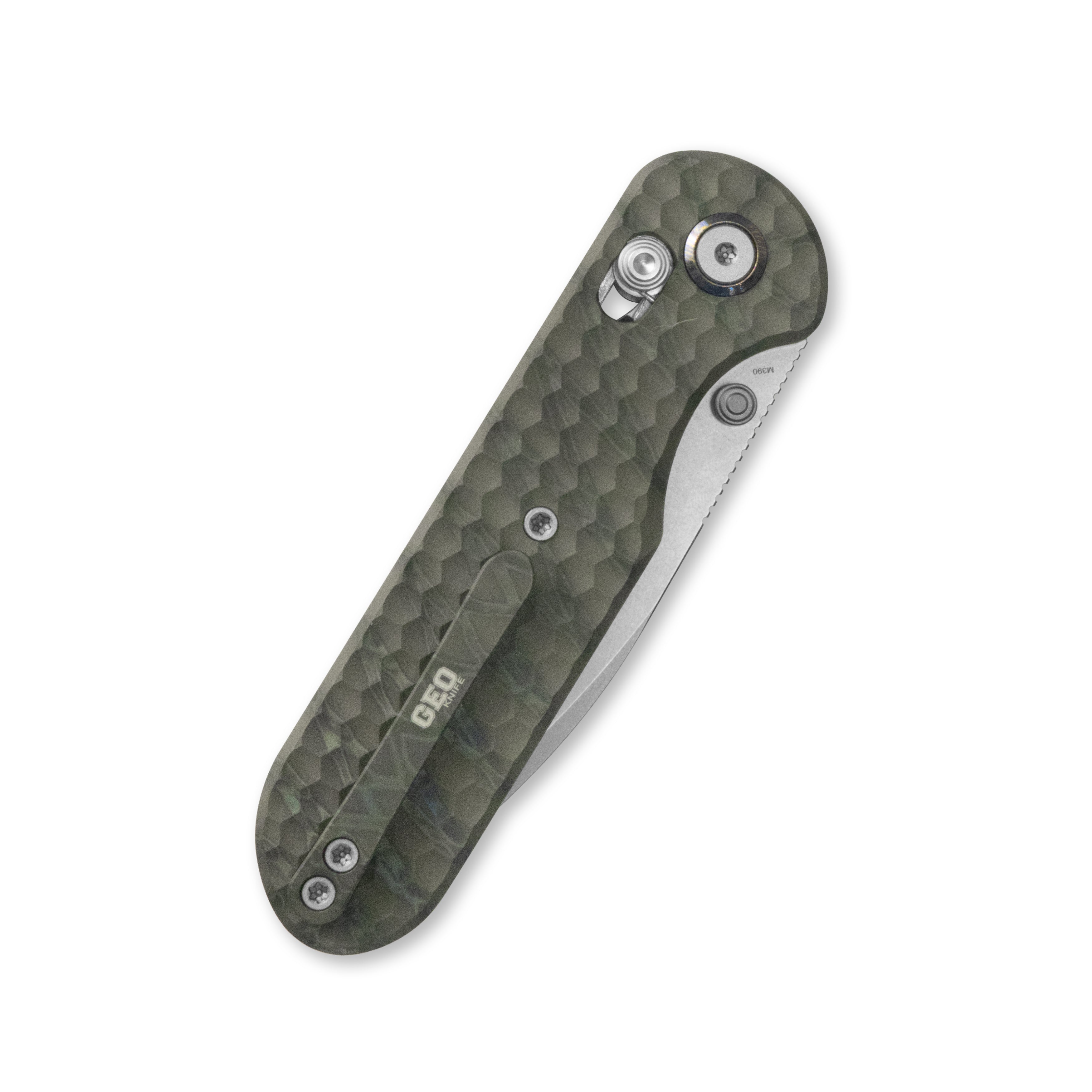 (Pre-order)( Before February 5th): GEO Knife Ethereal Cutter Axis lock Folding Knife Tiger Stripe Pattern Flamed 6AL4V Titanium Handle 3.0" Stonewash Bohler M390 Blade GEO2402J