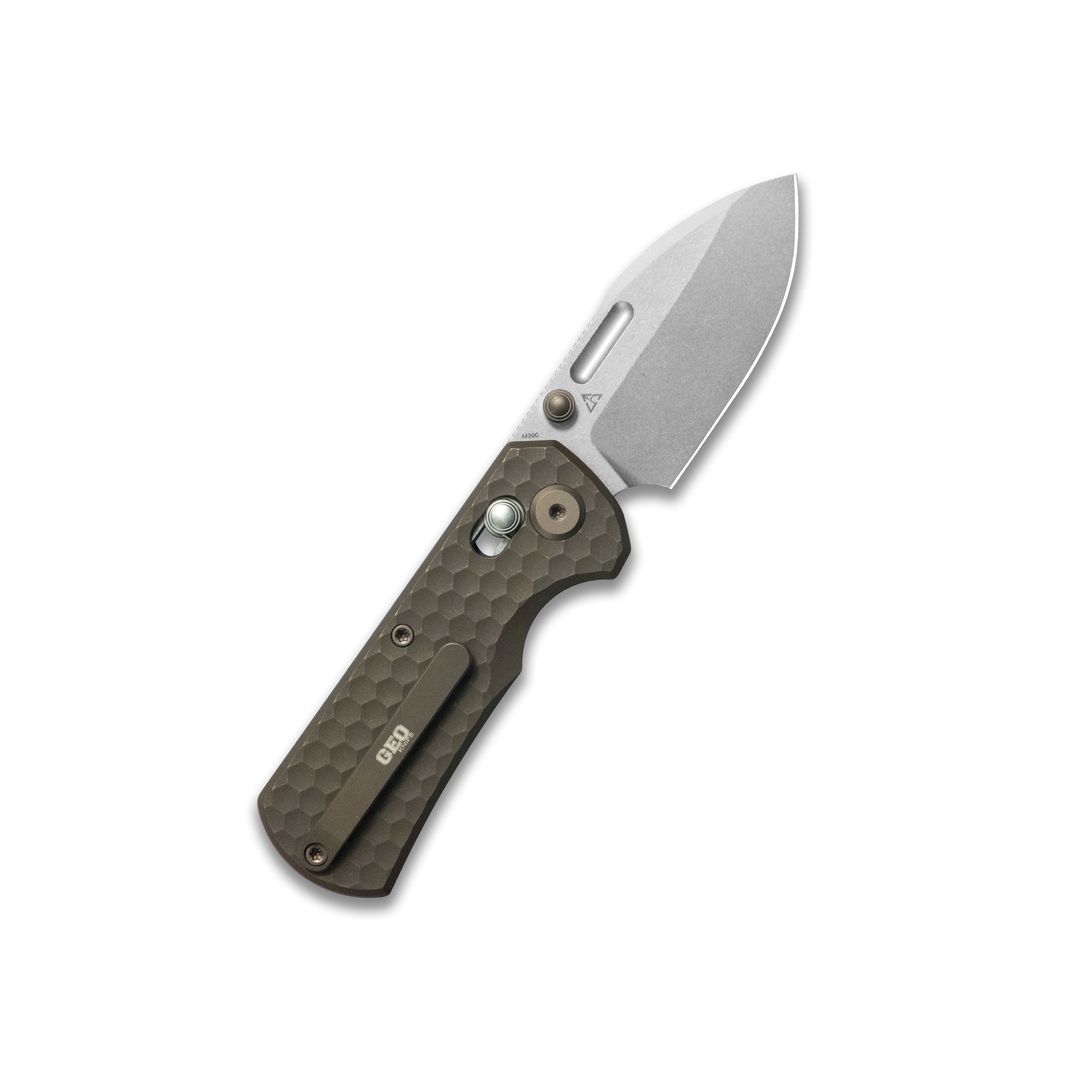 GEO Knife Belluf Crossbar lock Folding Knife Bronze 6AL4V Titanium Handle 2.4" Stonewash Bohler M390 Blade GEO2508I