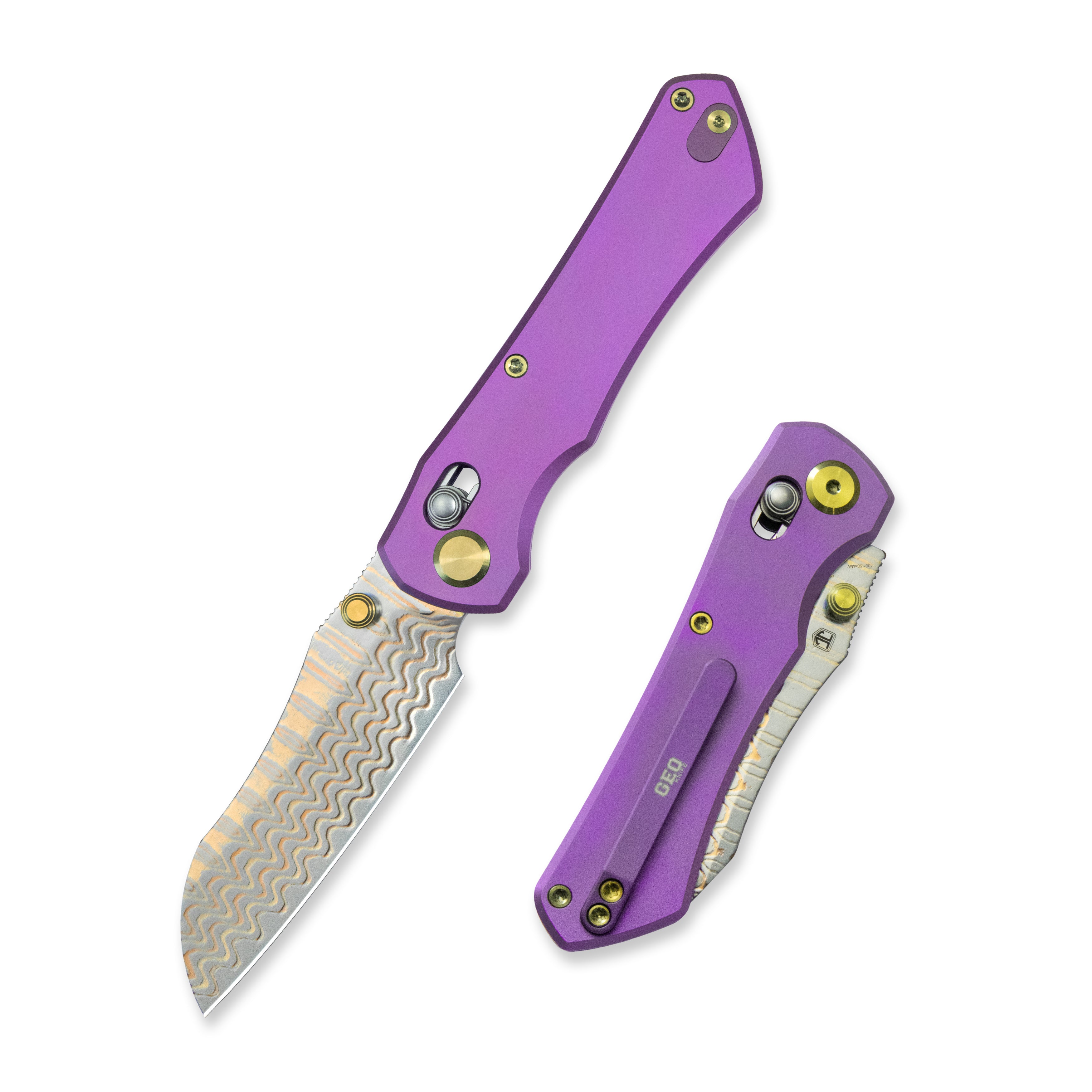 GEO Knife Komodo Axis lock Folding Knife Purple 6AL4V Titanium Handle 3.1" Damascus Steel & Copper Blade(10Cr15CoMoV) GEO2509C