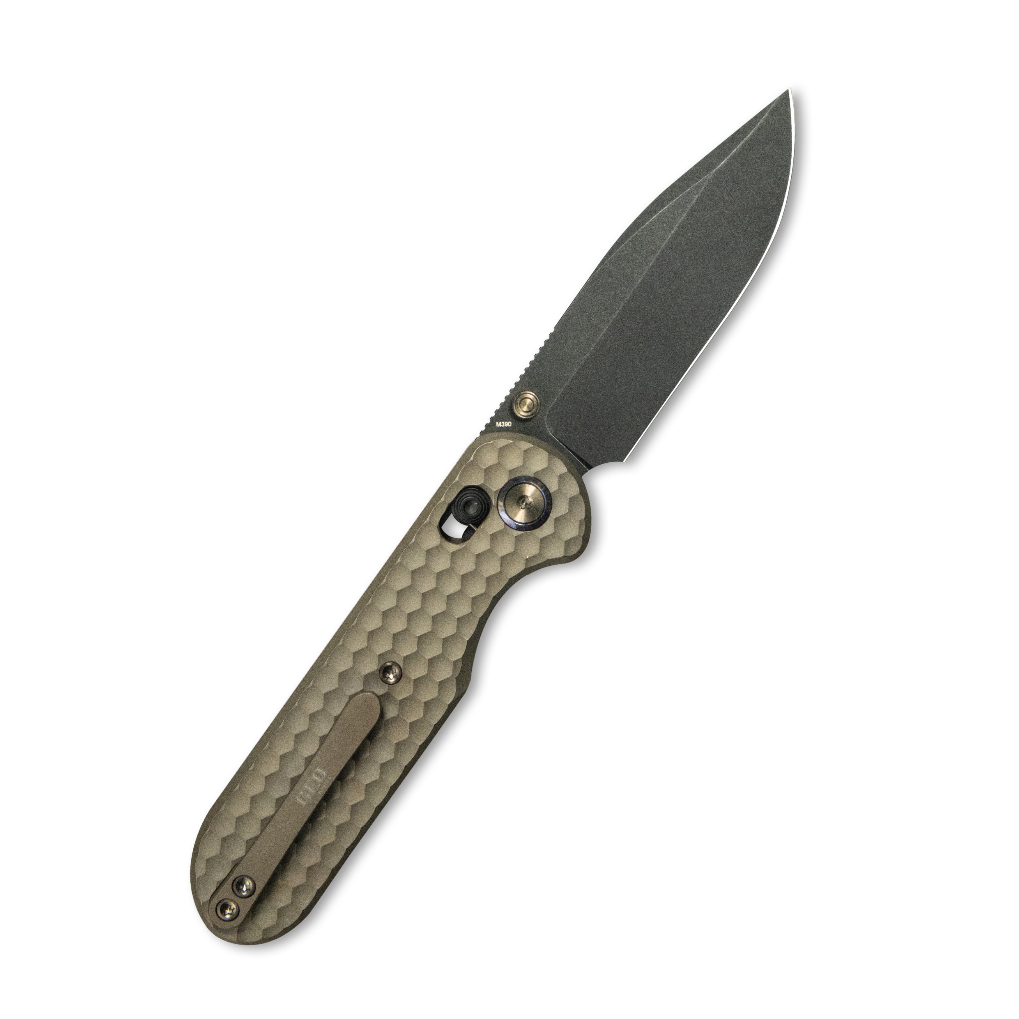 GEO Knife Ethereal Cutter Axis Lock Folding Knife Bronze 6AL4V Titanium Handle 3.0" Blackwash Bohler M390 Blade GEO2402B