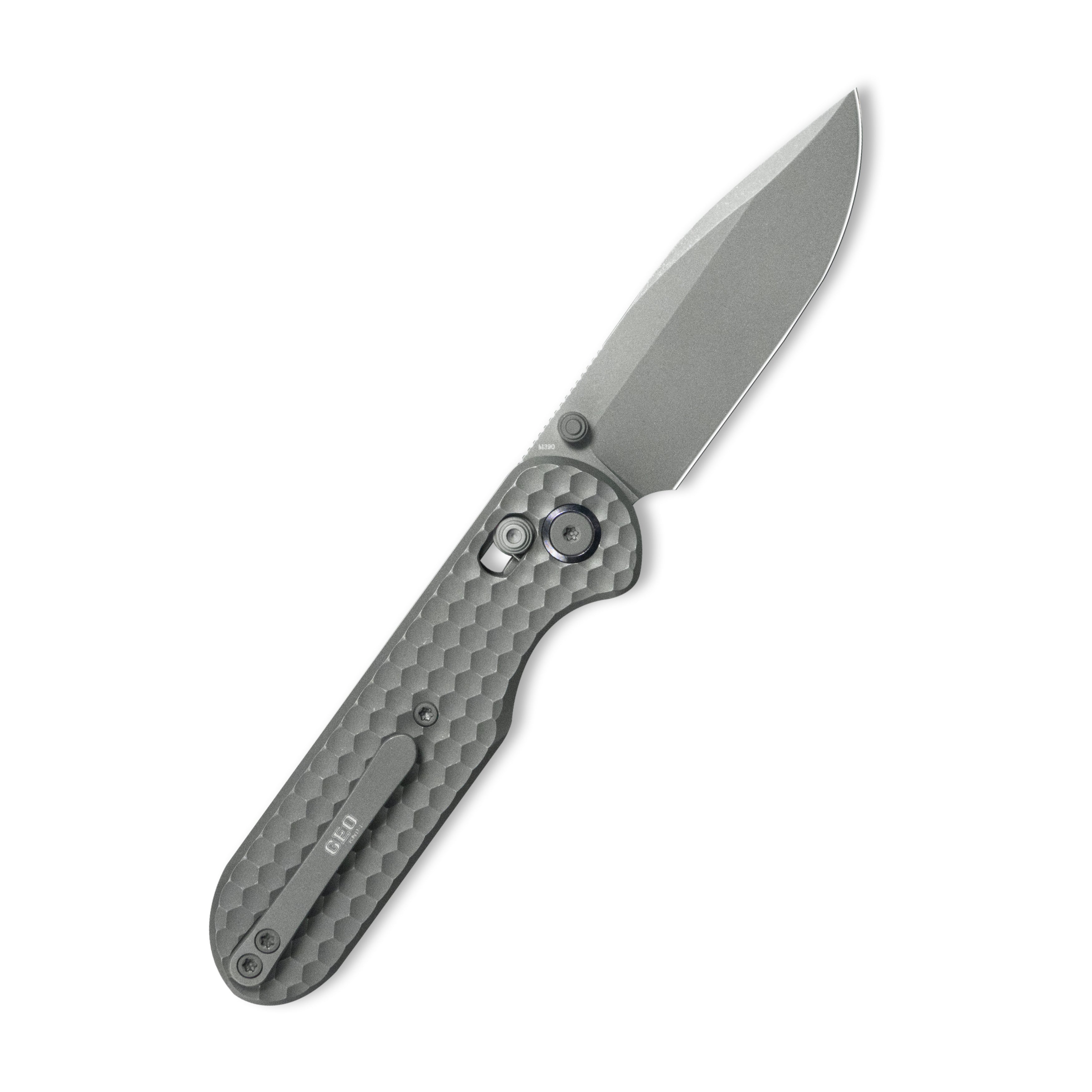 GEO Knife Ethereal Cutter Axis lock Folding Knife Gray 6AL4V Titanium Handle 3.0" Darkwash Bohler M390 Blade GEO2402C
