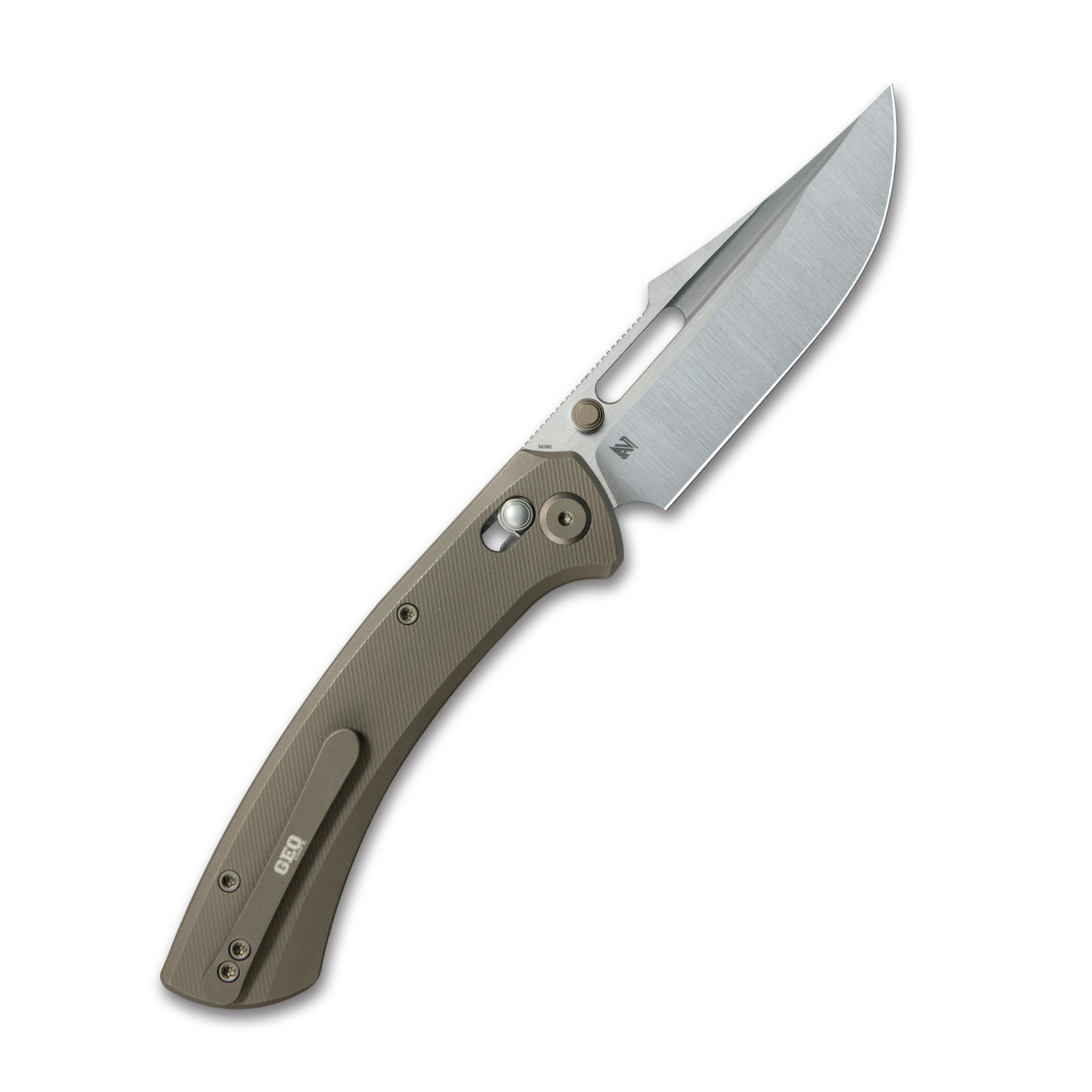 GEO Knife Strix Crossbar lock Folding Knife Bronze 6AL4V Titanium Handle 3.6" Hand-Rubbed Satin Stonewash Bohler M390 Blade GEO2510C