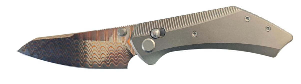 GEO Knife DIVID Axis lock Folding Knife Gray 6AL4V Titanium Handle 3.1" Damascus Steel & Copper Blade(10Cr15CoMoV) GEO2507A