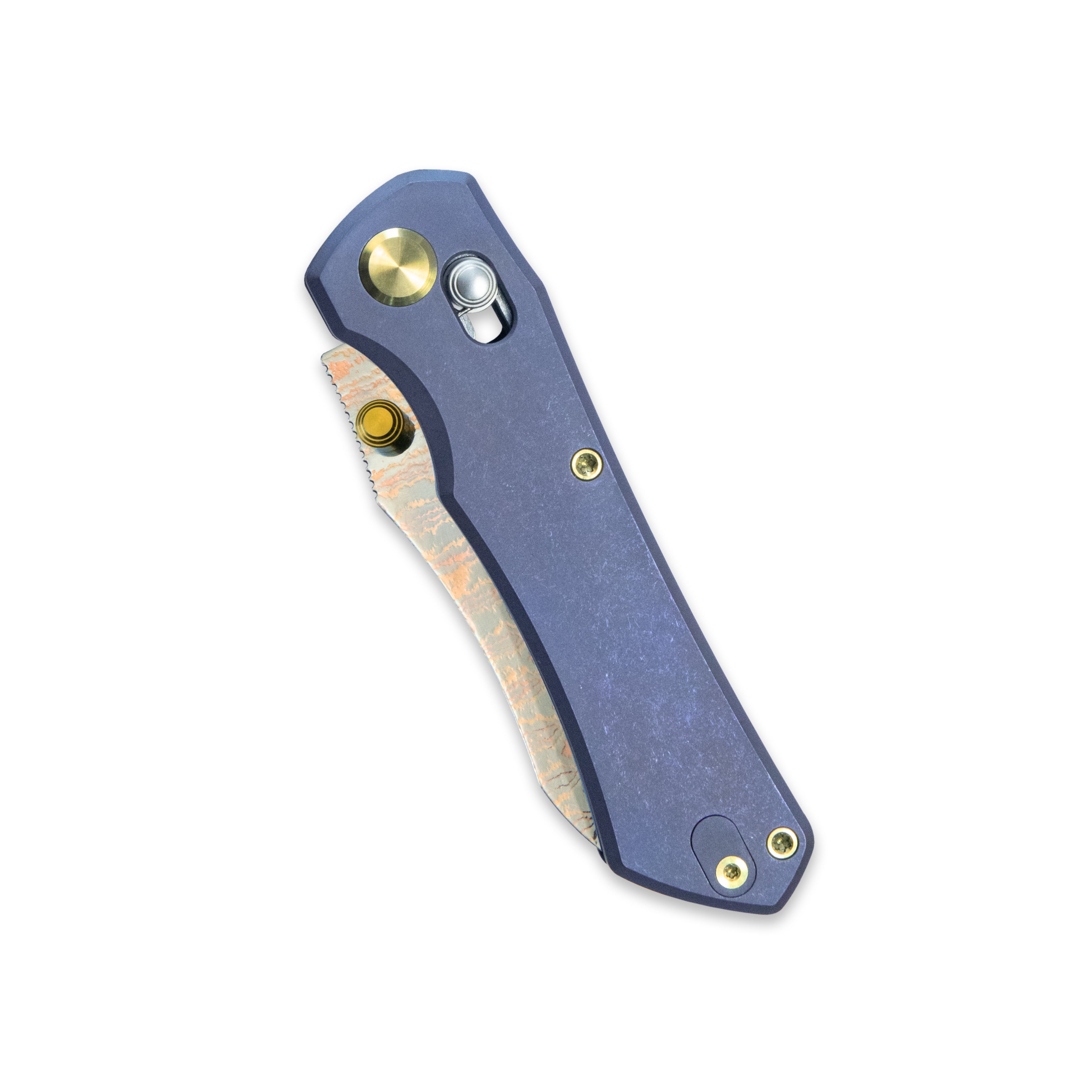 GEO Knife Komodo Axis lock Folding Knife Blue 6AL4V Titanium Handle 3.1" Damascus Steel & Copper Blade(10Cr15CoMoV) GEO2509B