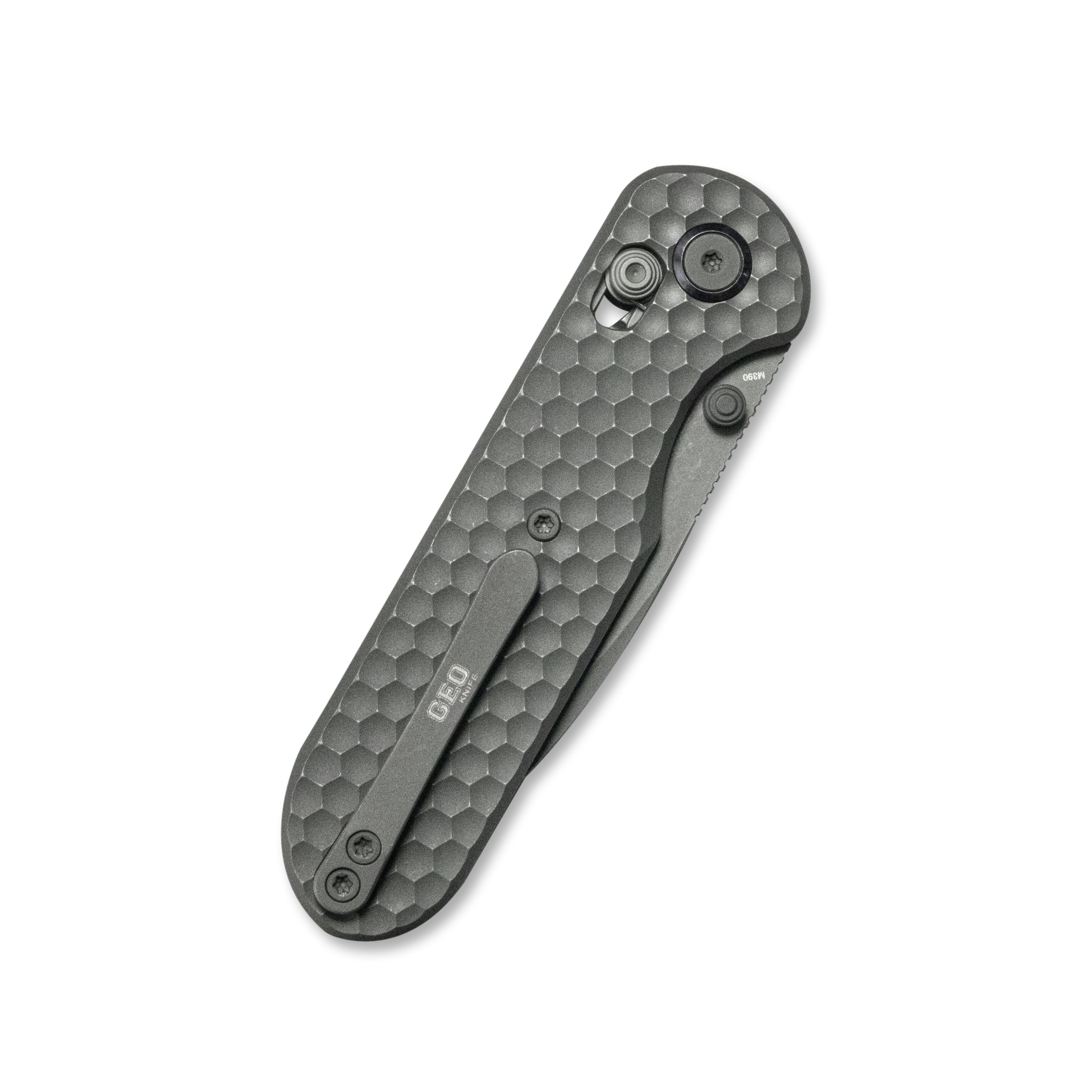 GEO Knife Ethereal Cutter Axis lock Folding Knife Gray 6AL4V Titanium Handle 3.0" Darkwash Bohler M390 Blade GEO2402C