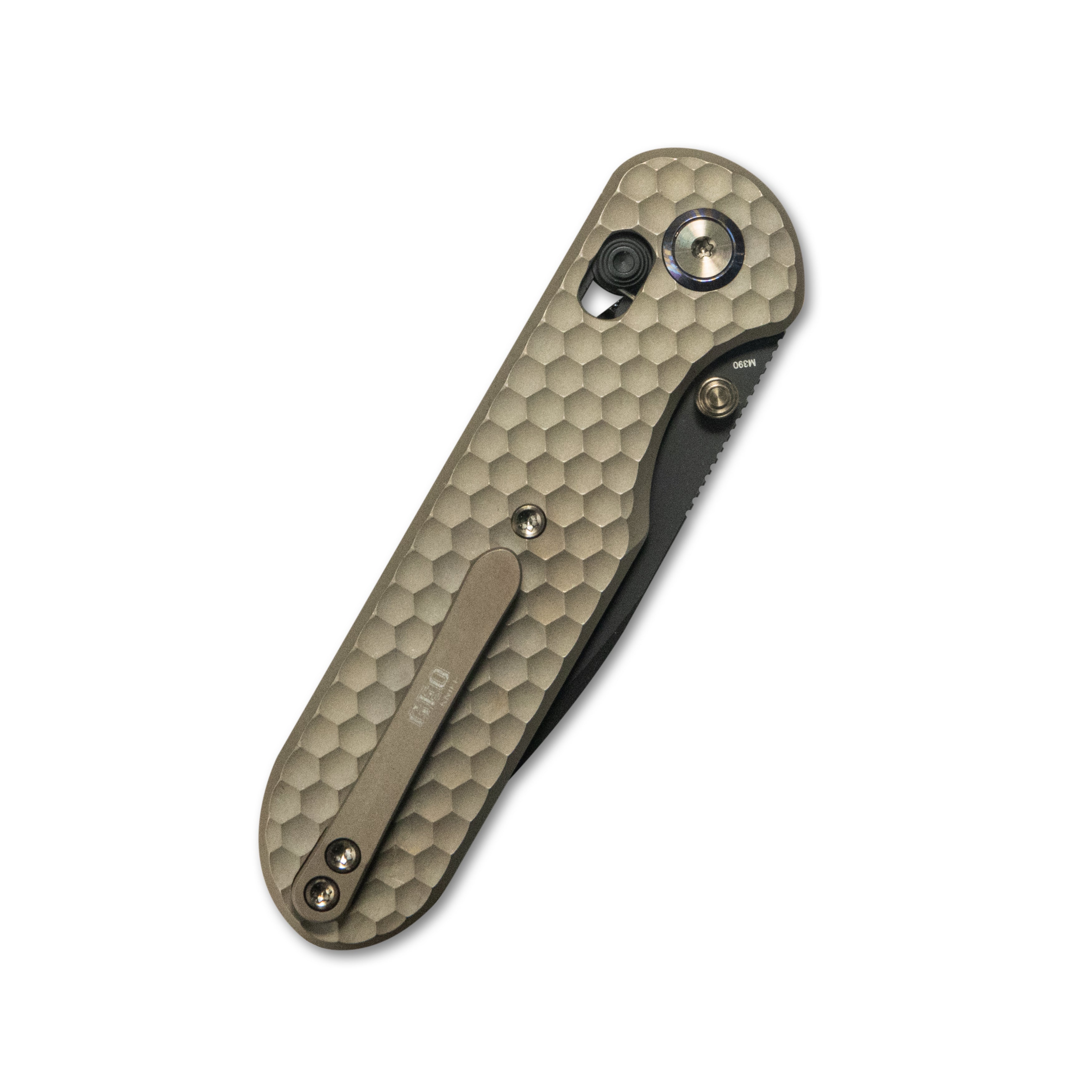 GEO Knife Ethereal Cutter Axis Lock Folding Knife Bronze 6AL4V Titanium Handle 3.0" Blackwash Bohler M390 Blade GEO2402B