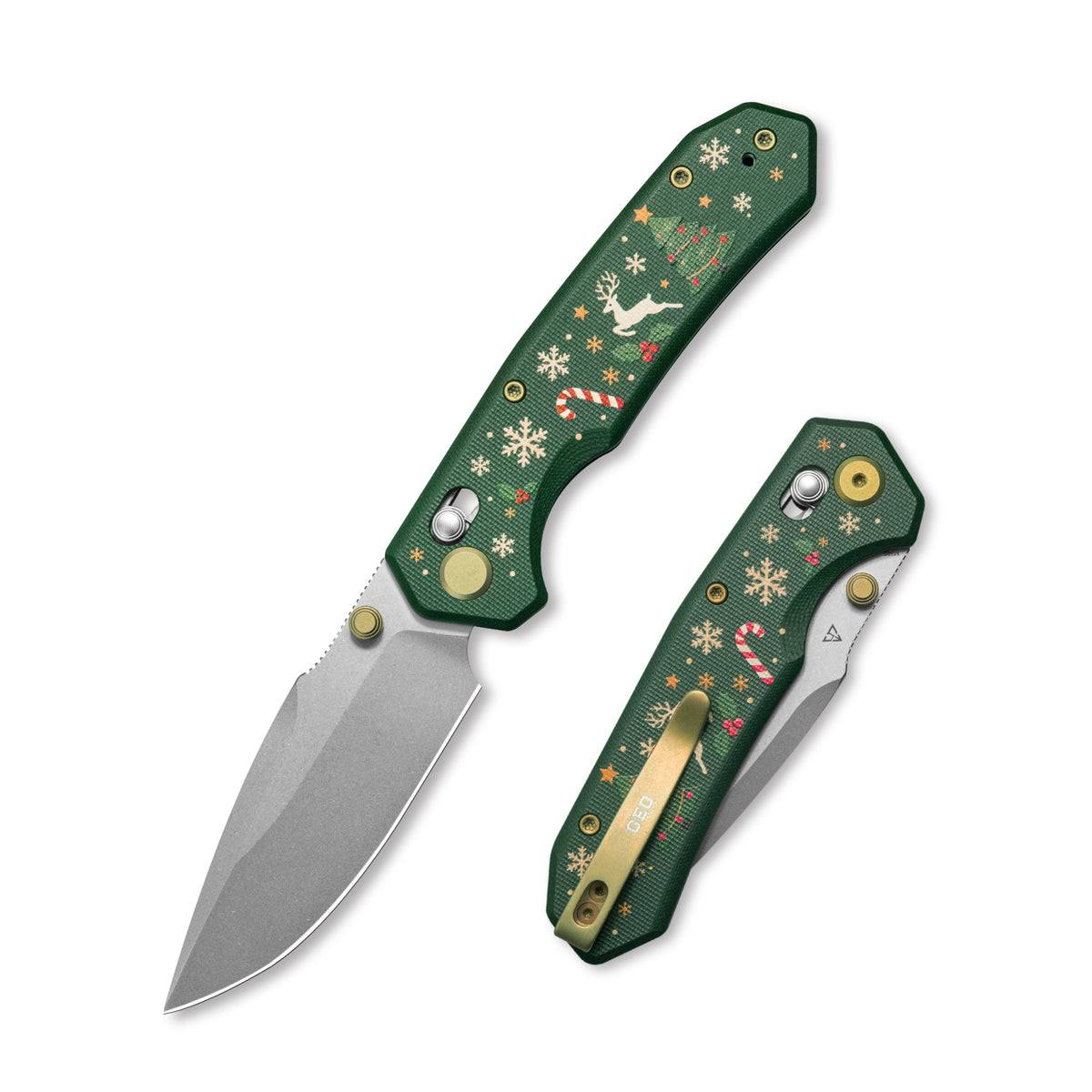 (Pre-order) Christmas Edition: GEO Knife Ravyn Crossbar lock Folding Knife Green G10 Handle 3" Stonewash Bohler M390 Blade GEO2602D