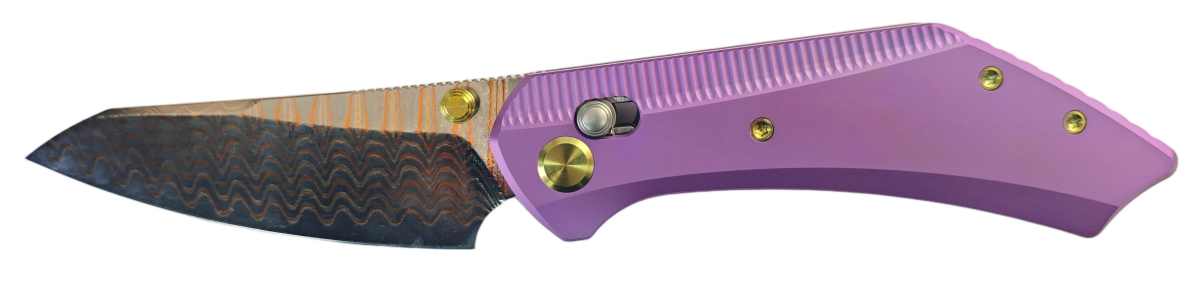 GEO Knife DIVID Axis lock Folding Knife Purple 6AL4V Titanium Handle 3.1" Damascus Steel & Copper Blade(10Cr15CoMoV) GEO2507C