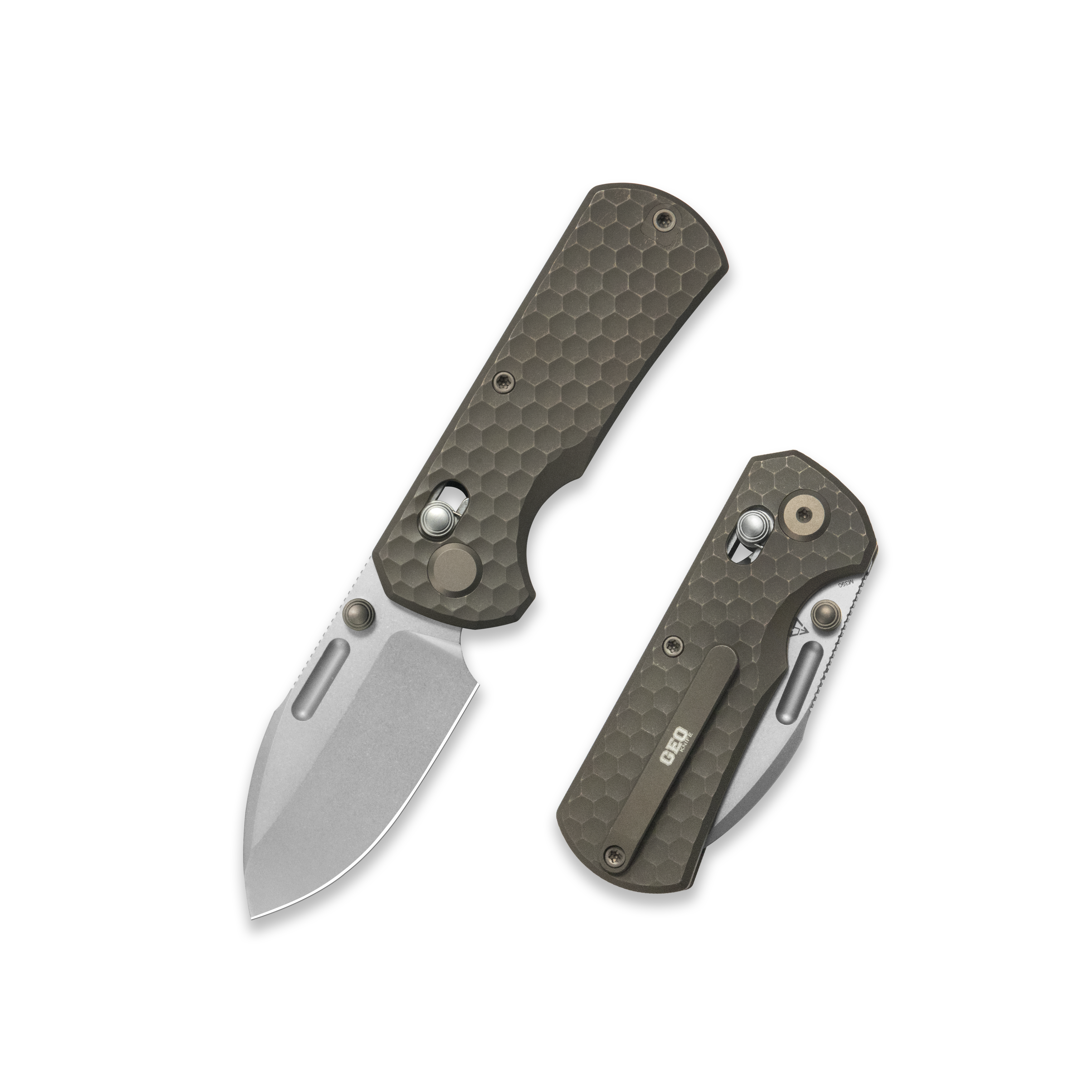 GEO Knife Belluf Crossbar lock Folding Knife Bronze 6AL4V Titanium Handle 2.4" Stonewash Bohler M390 Blade GEO2508I