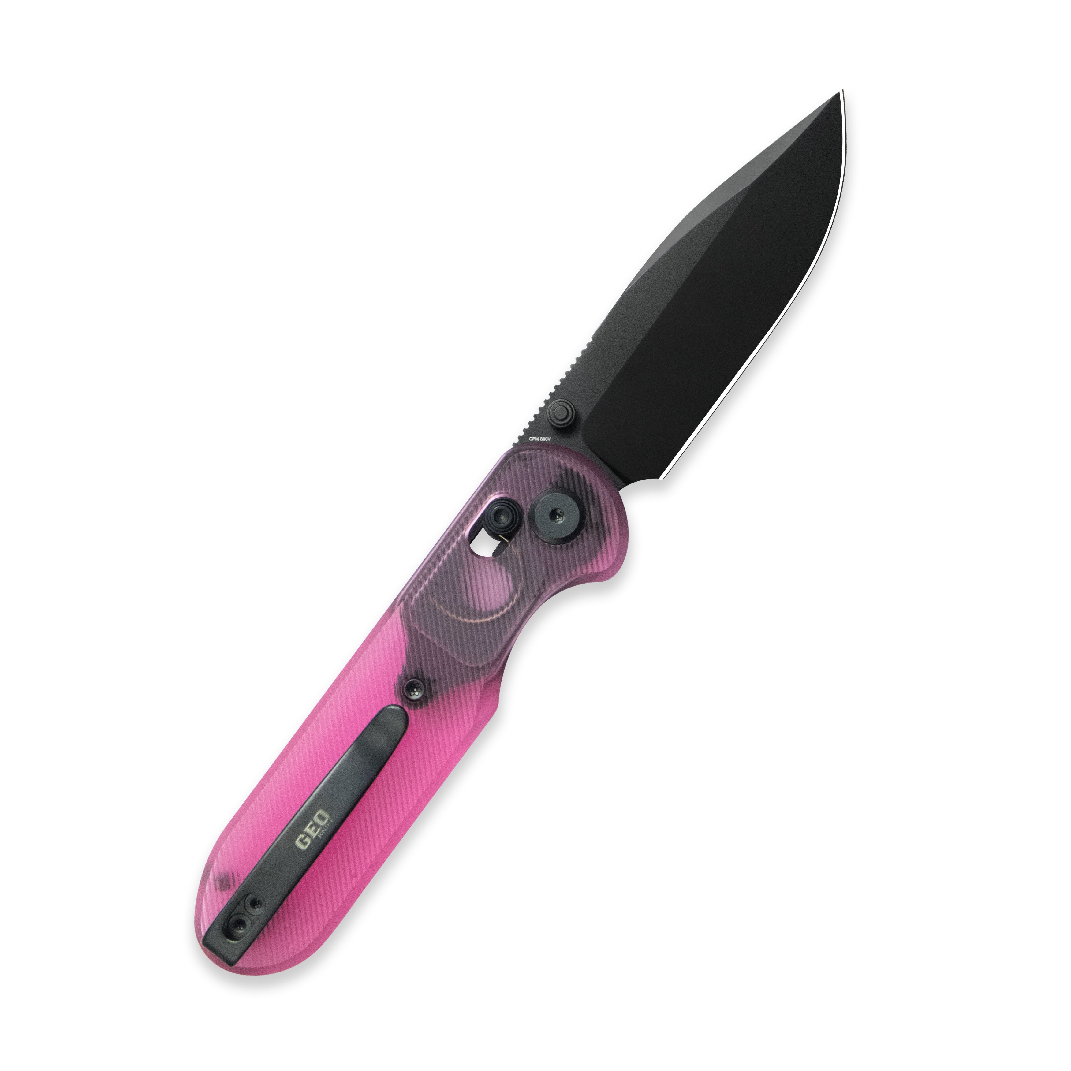 Blade HQ Exclusives SKU : GEO Knife Ethereal Cutter Crossbar lock Folding Knife Pink Acrylic Handle 3.0" Black DLC CPM S90V Blade GE02402-1B
