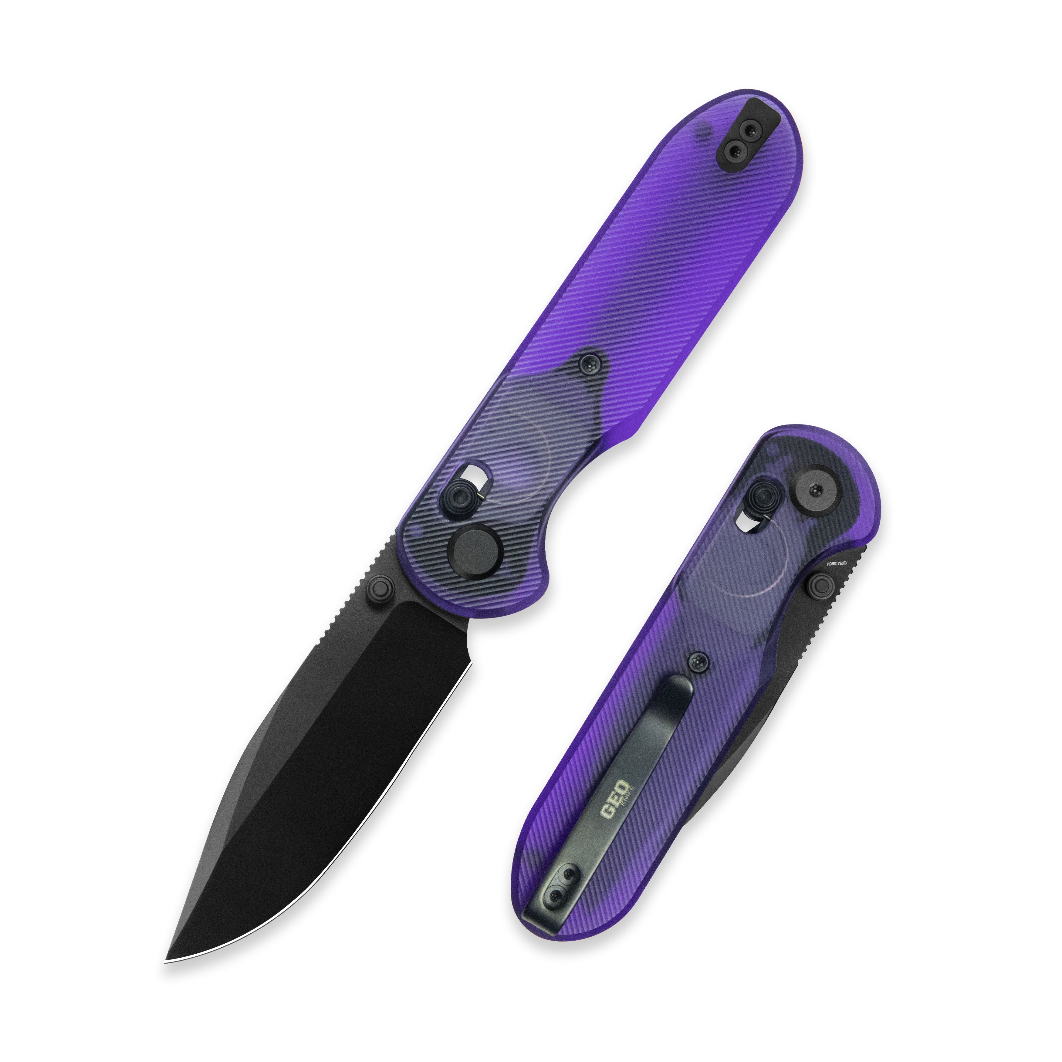Blade HQ Exclusives SKU : GEO Knife Ethereal Cutter Crossbar lock Folding Knife Purple Acrylic Handle 3.0" Black DLC CPM S90V Blade GEO2402X