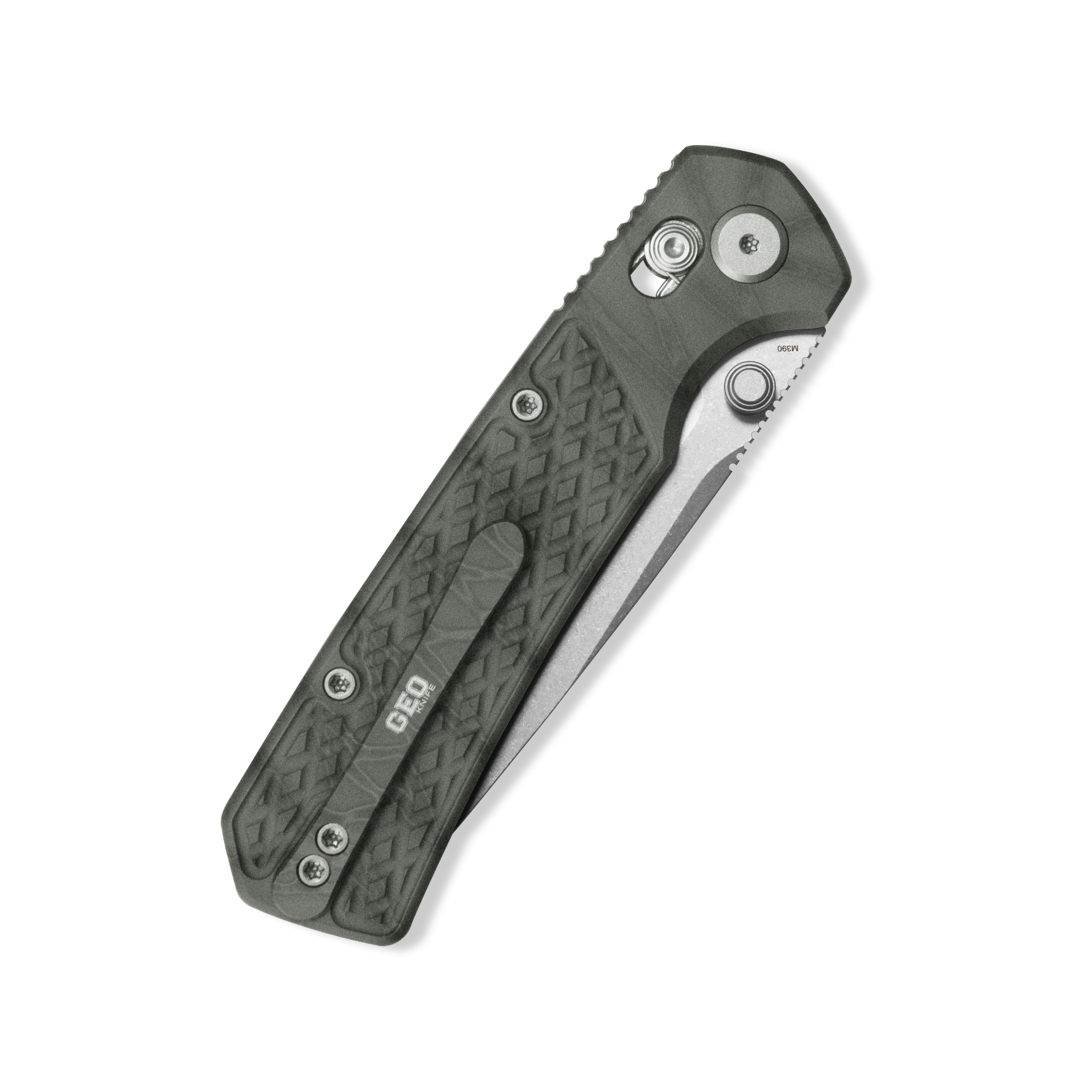 GEO Knife Blaze Axis lock Folding Knife Tiger Stripe Pattern Flamed 6AL4V Titanium Handle 3.4" Stonewash Bohler M390 Blade GEO2503C