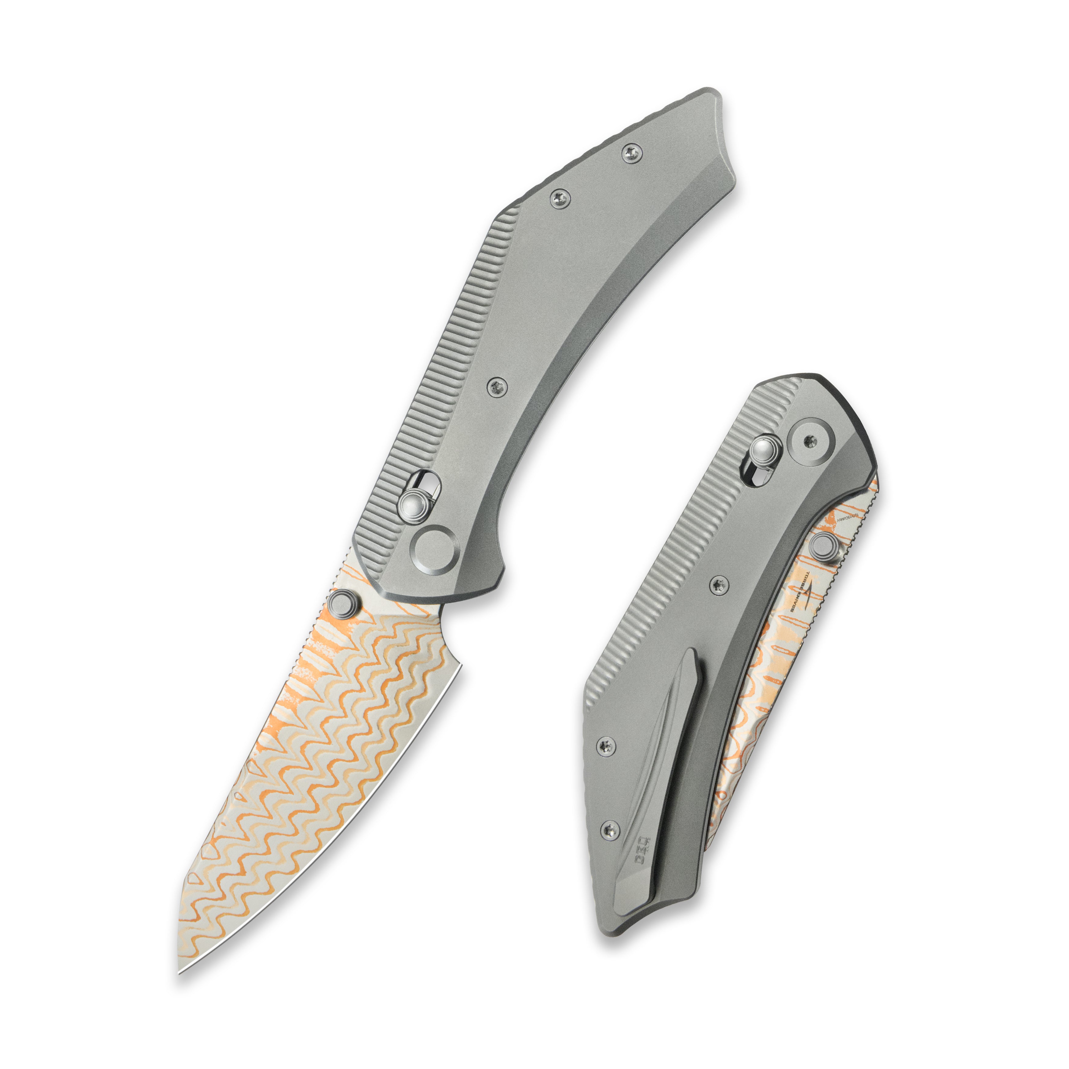 GEO Knife DIVID Axis lock Folding Knife Gray 6AL4V Titanium Handle 3.1" Damascus Steel & Copper Blade(10Cr15CoMoV) GEO2507A