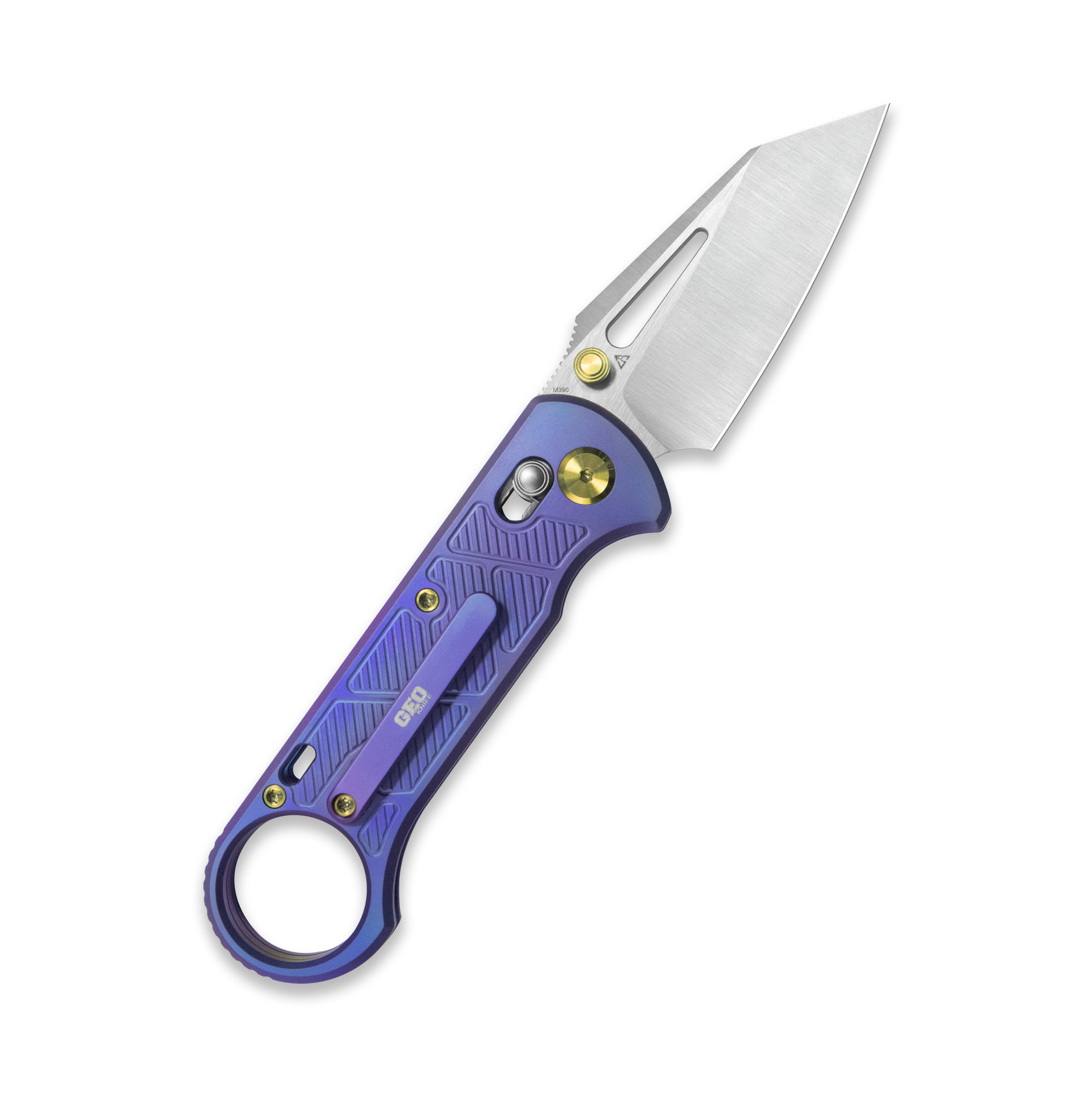 GEO Knife Aska Crossbar lock Folding Knife Purple 6AL4V Titanium Handle 2.8" Hand-Rubbed Satin Stonewash Bohler M390 Blade GEO2511D
