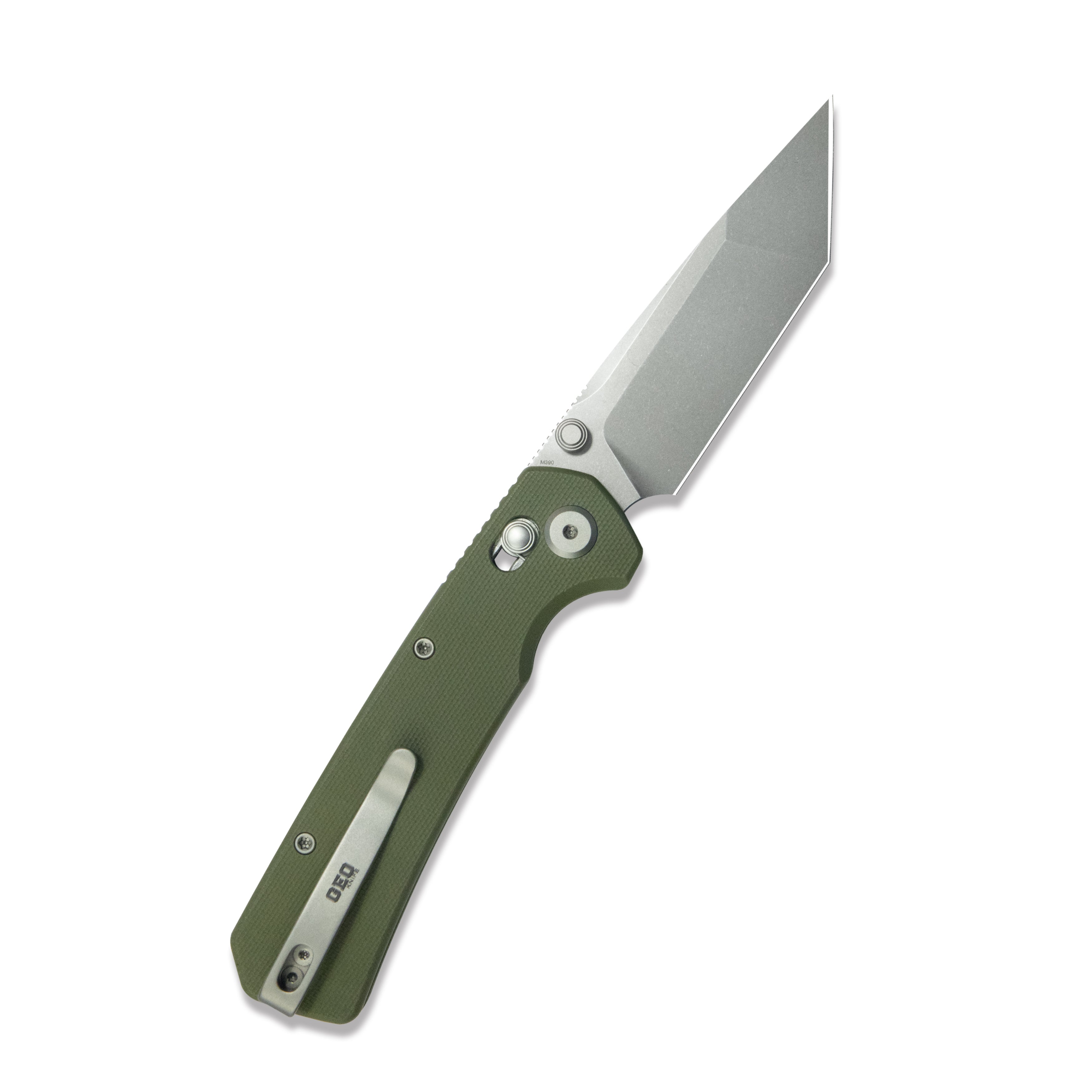 GEO Knife Blaze Crossbar lock Folding Knife Green G10 Handle 3.3" Stonewash Bohler M390 Blade GEO2503H