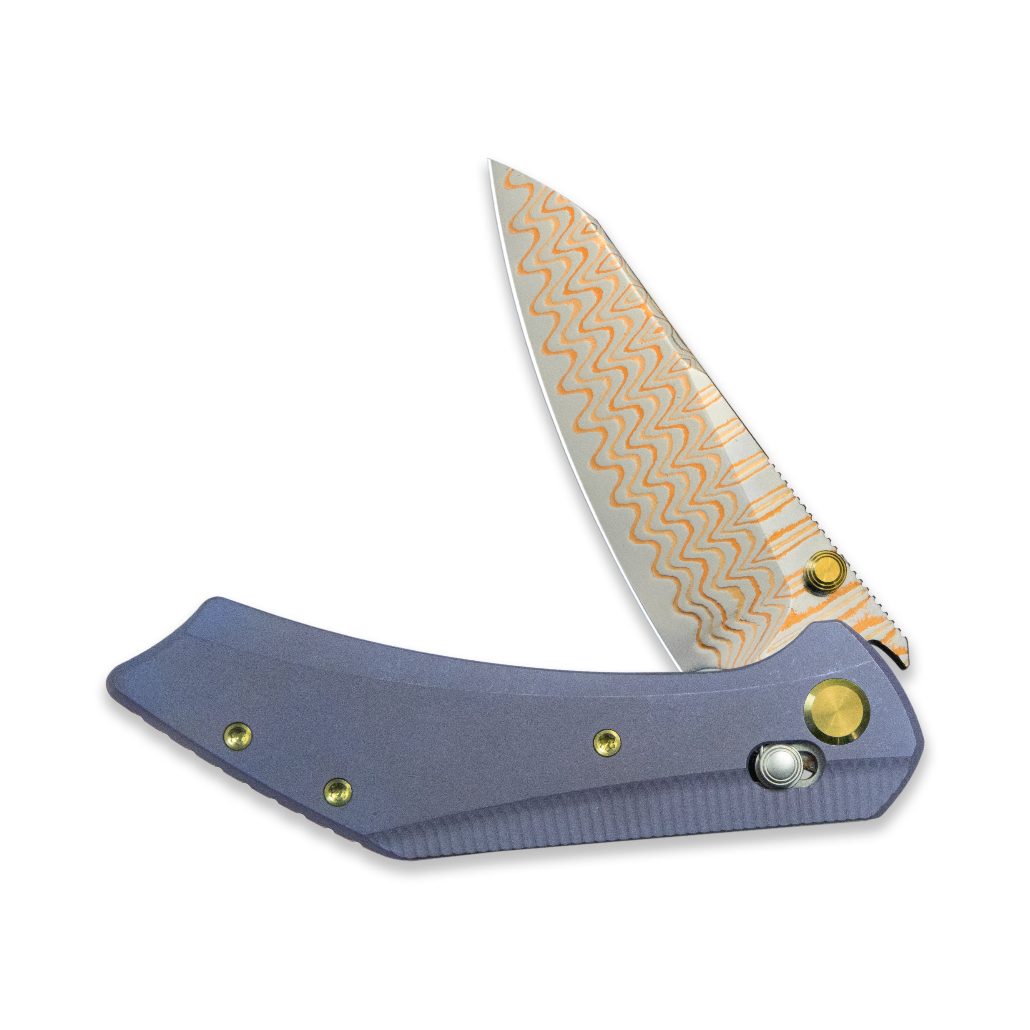 GEO Knife DIVID Axis lock Folding Knife Blue 6AL4V Titanium Handle 3.1" Damascus Steel & Copper Blade（10Cr15CoMoV) GEO2507B