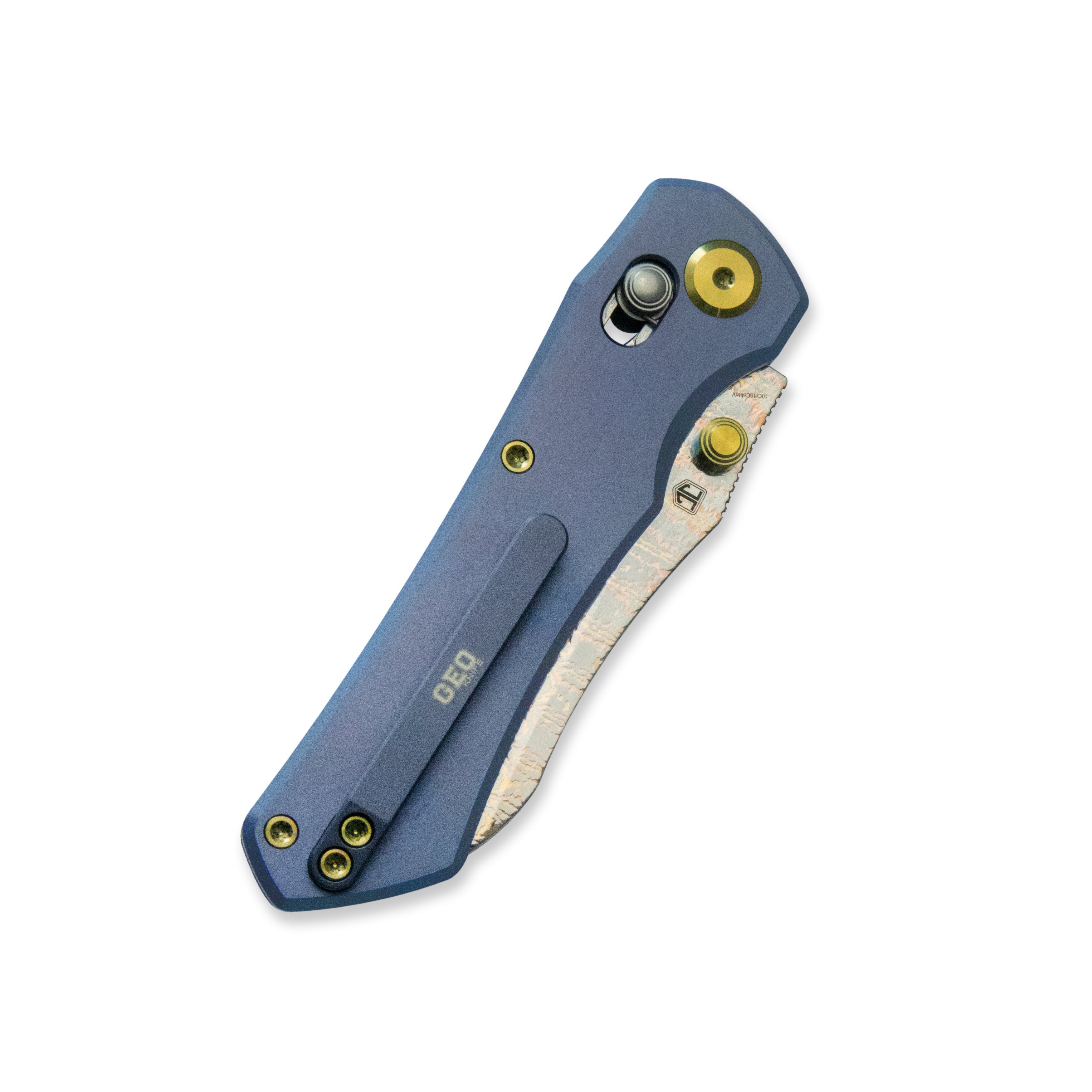 GEO Knife Komodo Axis lock Folding Knife Blue 6AL4V Titanium Handle 3.1" Damascus Steel & Copper Blade（10Cr15CoMoV) GEO2509B