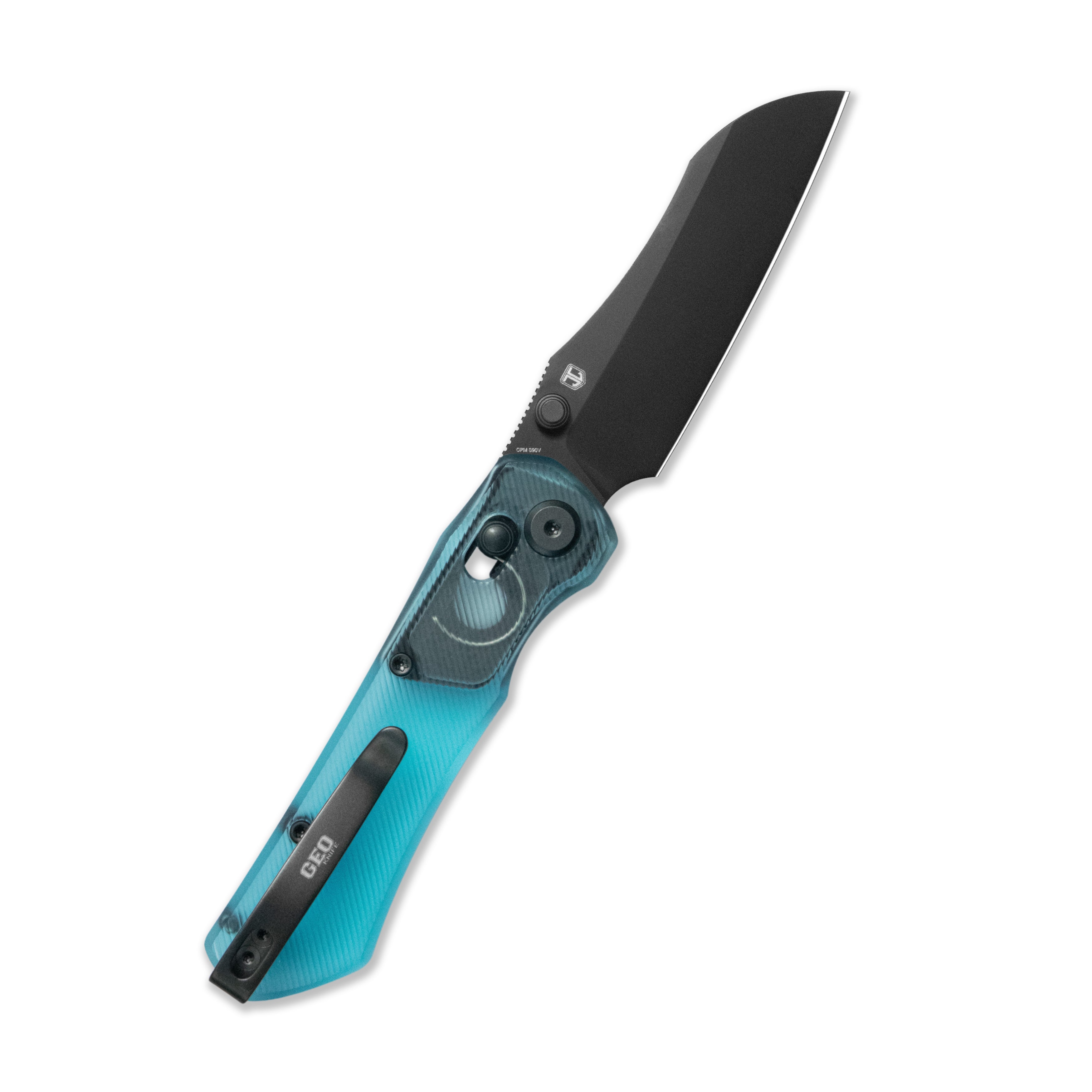 Blade HQ Exclusives SKU : GEO Knife Komodo Crossbar lock Folding Knife Blue Acrylic Handle 3.1" Black DLC CPM S90V Blade GEO2509O