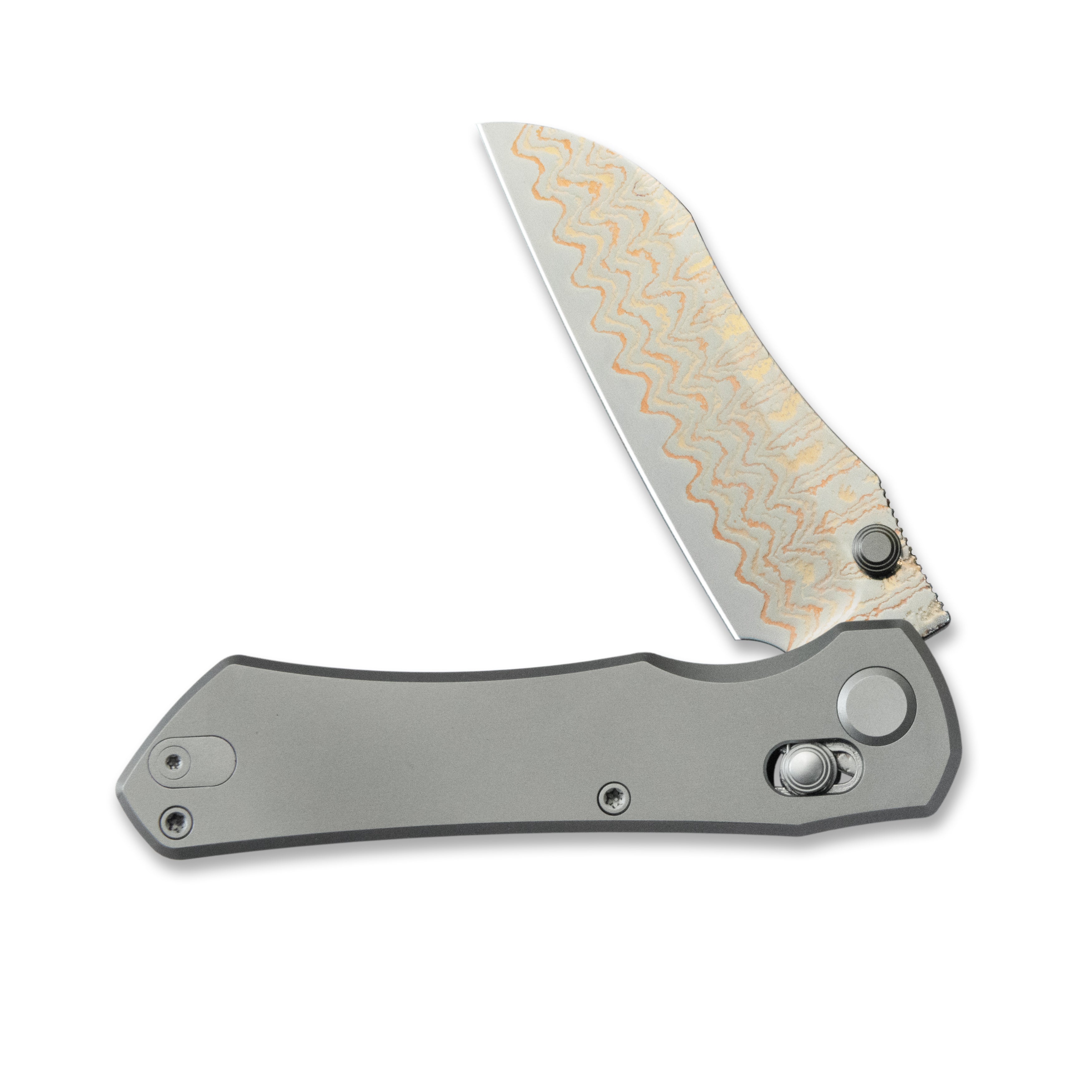 GEO Knife Komodo Axis lock Folding Knife Gray 6AL4V Titanium Handle 3.1" Damascus Steel & Copper Blade（10Cr15CoMoV) GEO2509A