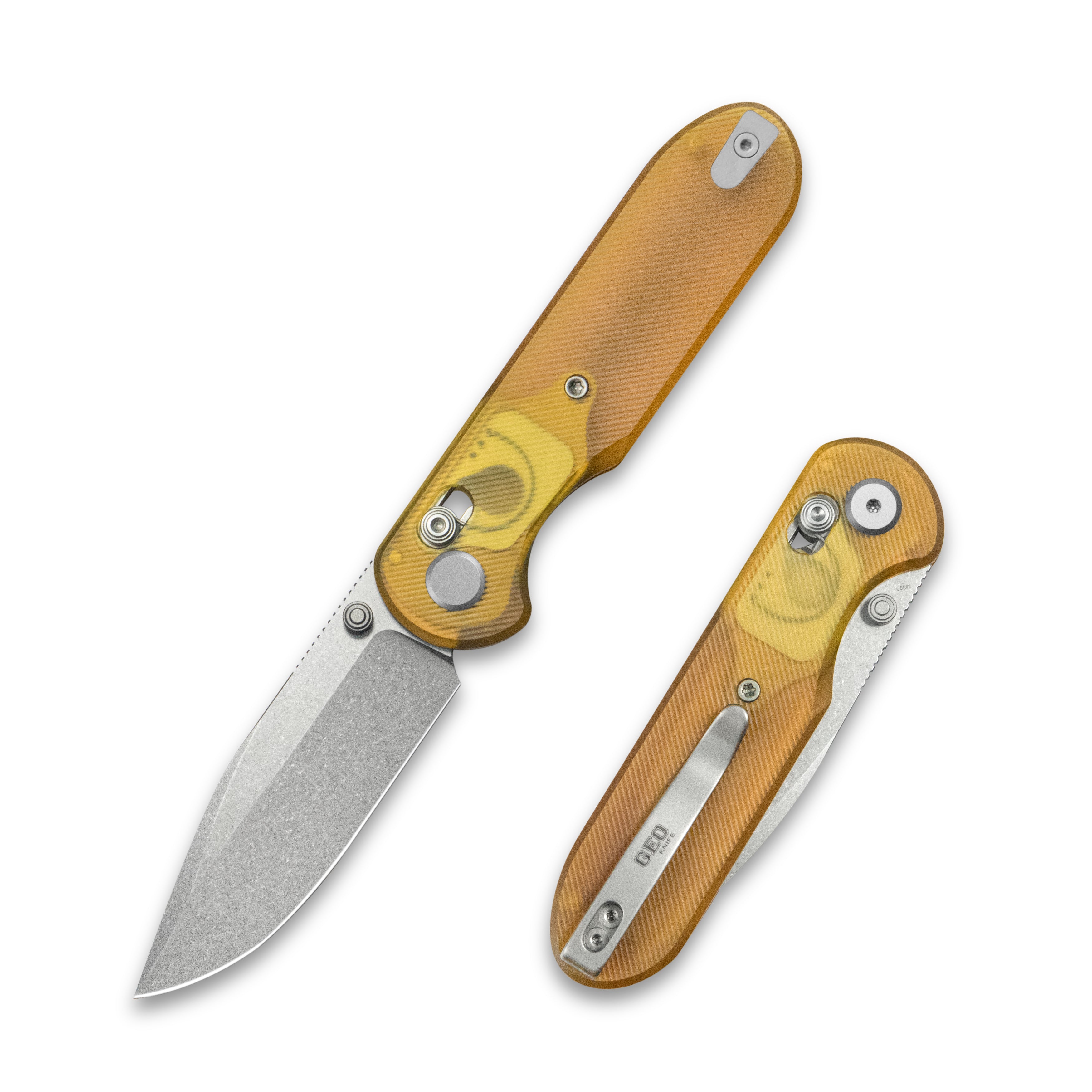 Geo knife Ethereal Cutter Axis lock Folding Knife Ultem Handle 3.03" Stonewash Bohler M390 Blade GEO2402E