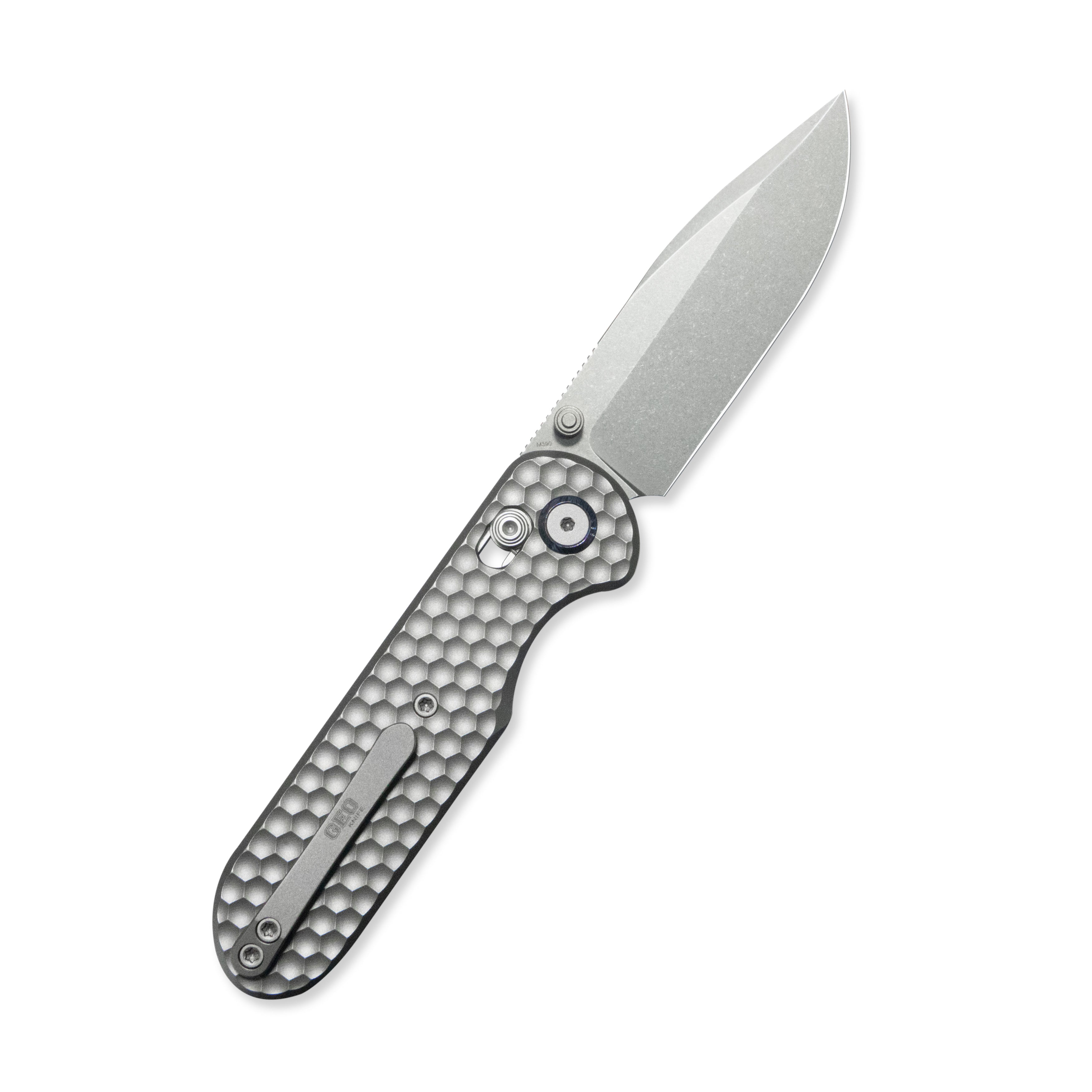 Geo knife Ethereal Cutter Axis lock Folding Knife Gray 6AL4V Titanium Handle 3.0" Stonewash Bohler M390 Blade GEO2402A