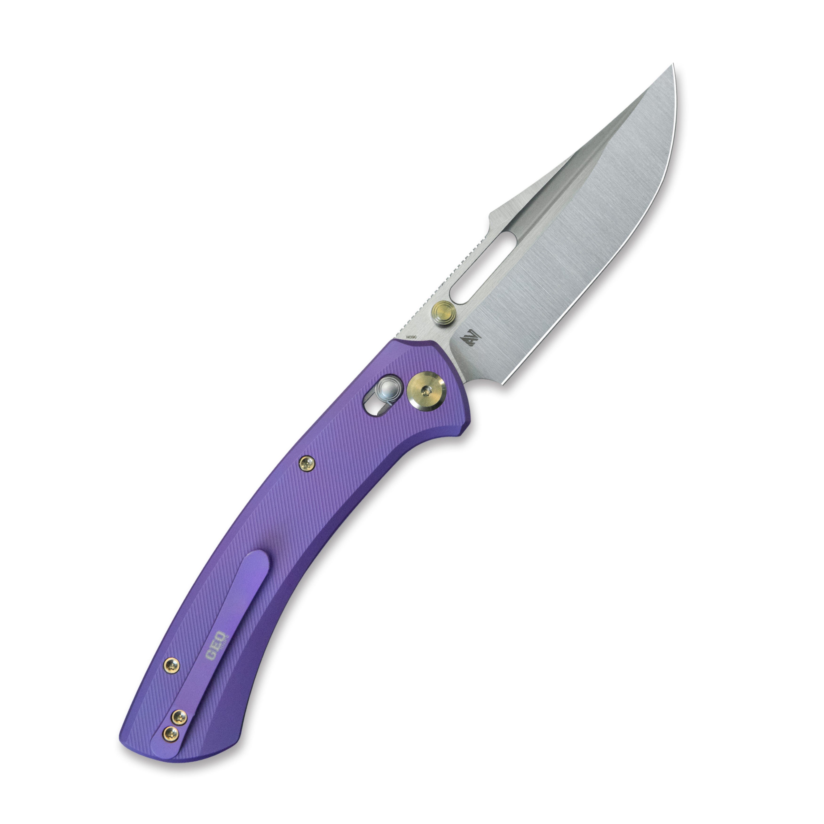 GEO Knife Strix Axis lock Folding Knife Purple blue 6AL4V Titanium Handle 3.6" Hand-Rubbed Satin Stonewash Bohler M390 Blade GEO2510D