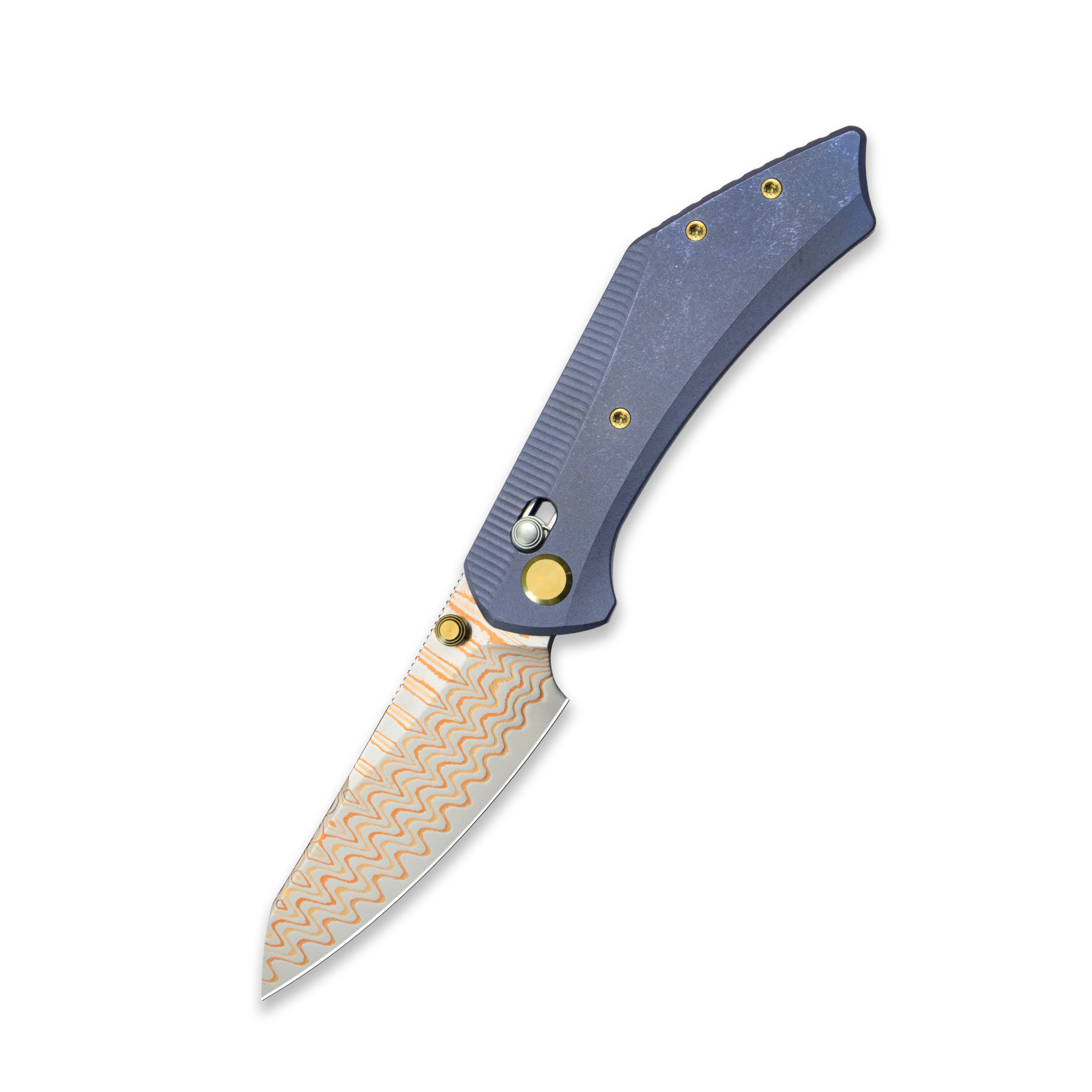 GEO Knife DIVID Axis lock Folding Knife Blue 6AL4V Titanium Handle 3.1" Damascus Steel & Copper Blade（10Cr15CoMoV) GEO2507B