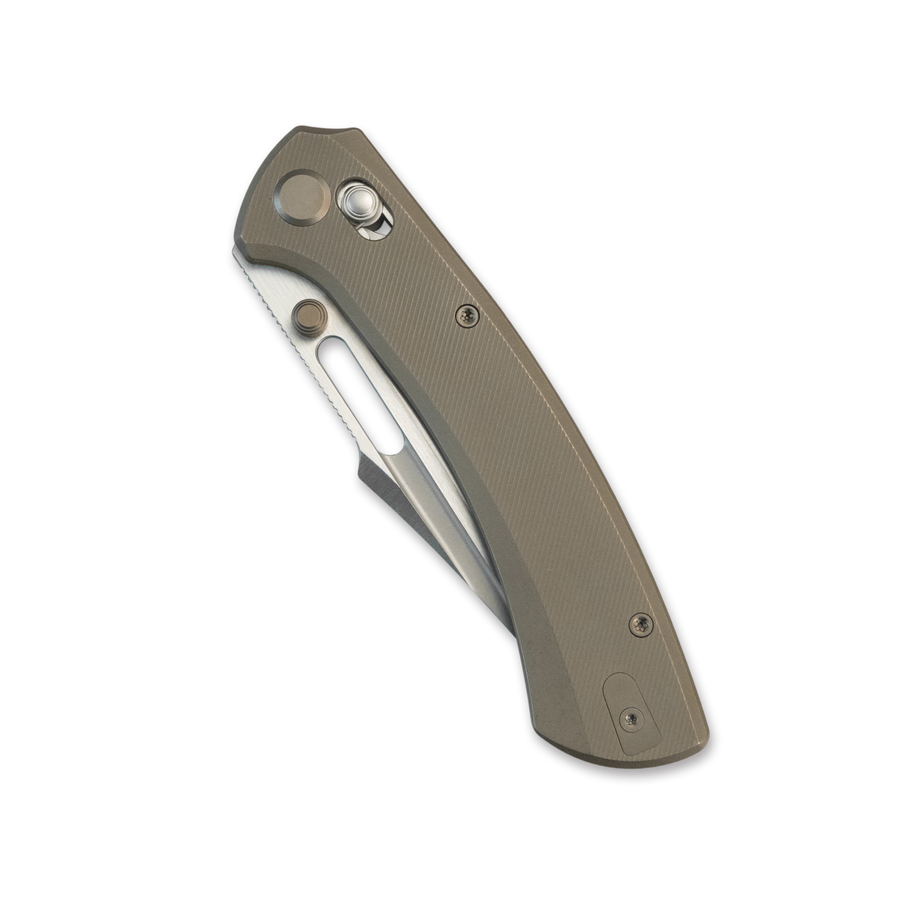 GEO Knife Strix Crossbar lock Folding Knife Bronze 6AL4V Titanium Handle 3.6" Hand-Rubbed  Satin  Stonewash Bohler M390 Blade GEO2510C