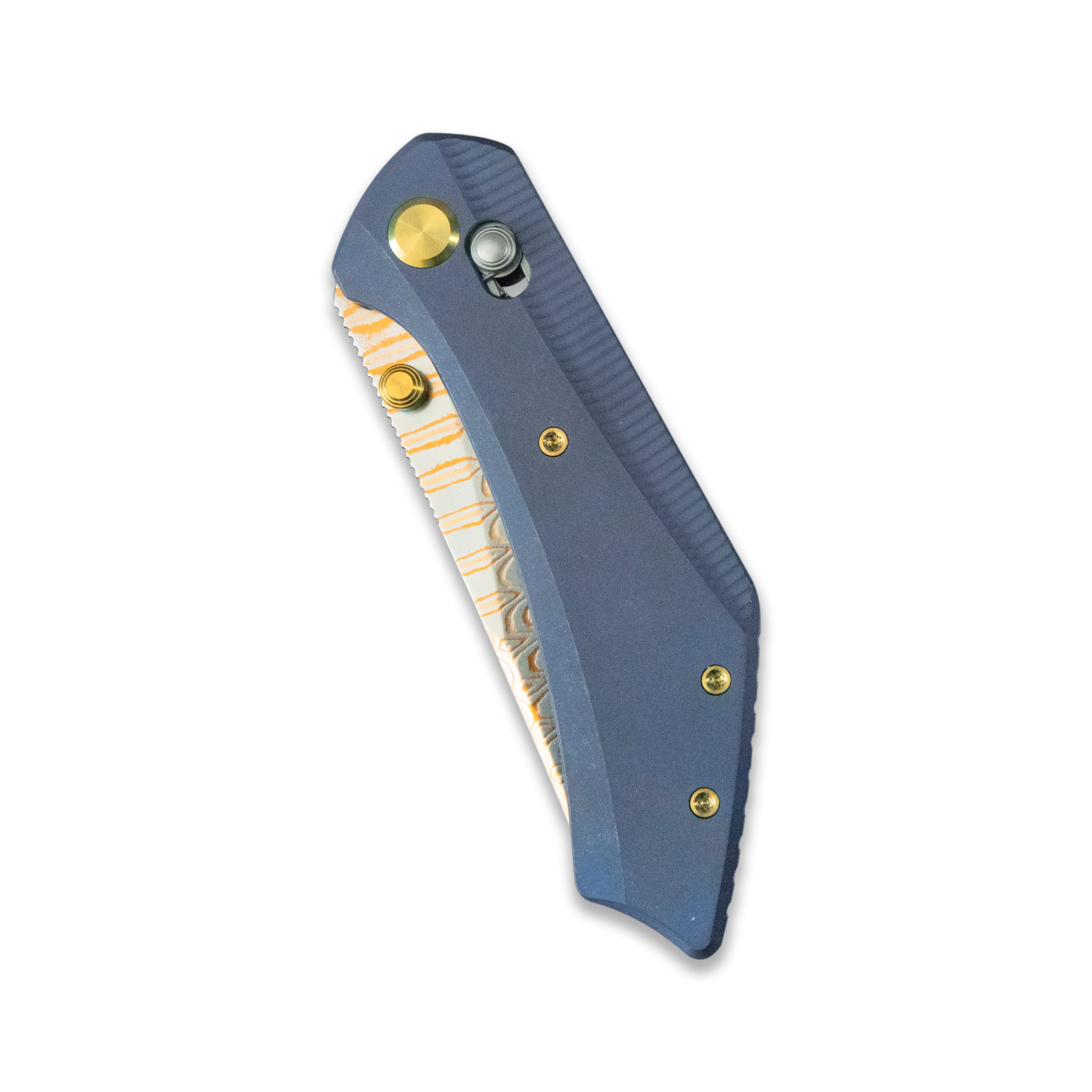 GEO Knife DIVID Axis lock Folding Knife Blue 6AL4V Titanium Handle 3.1" Damascus Steel & Copper Blade（10Cr15CoMoV) GEO2507B