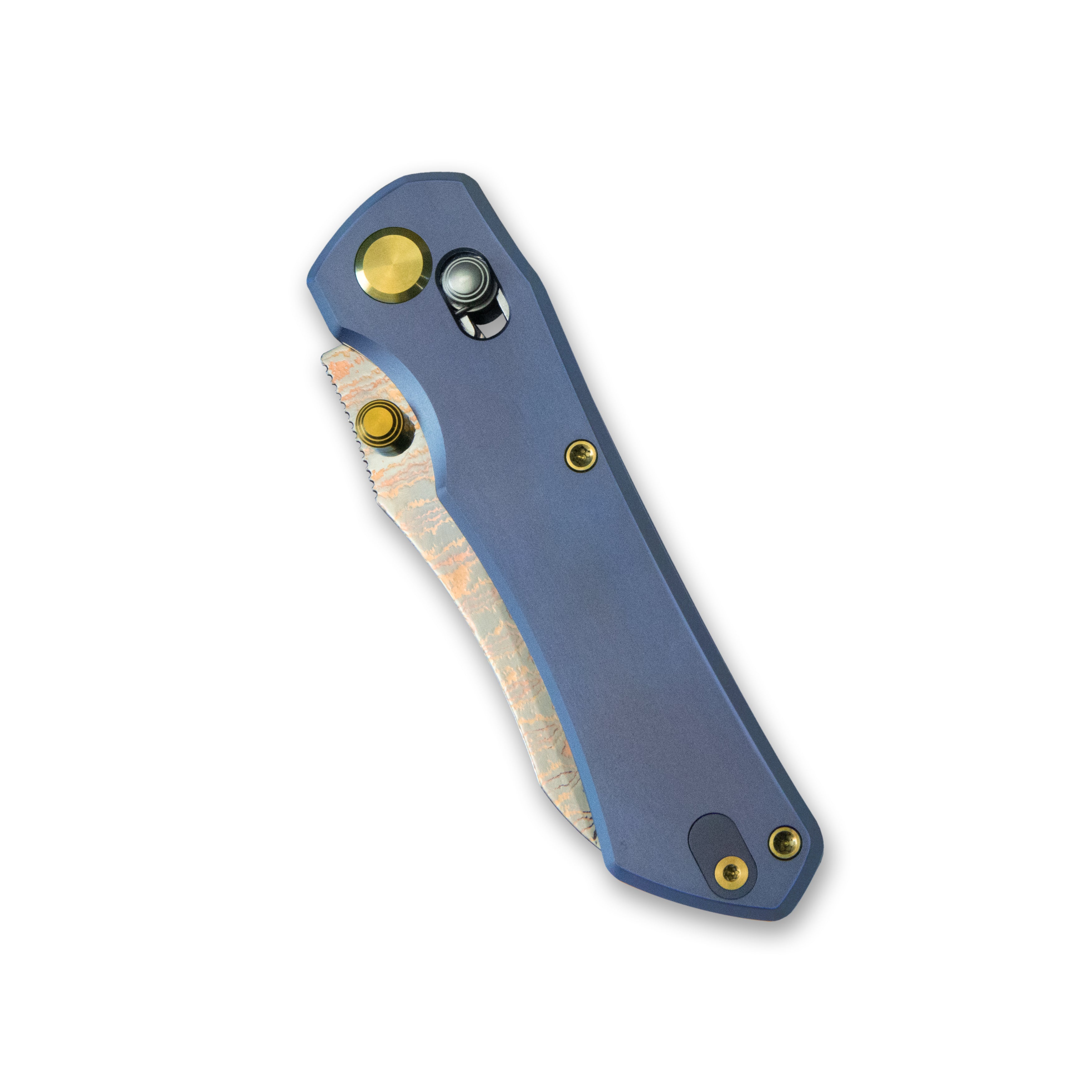 GEO Knife Komodo Axis lock Folding Knife Blue 6AL4V Titanium Handle 3.1" Damascus Steel & Copper Blade（10Cr15CoMoV) GEO2509B