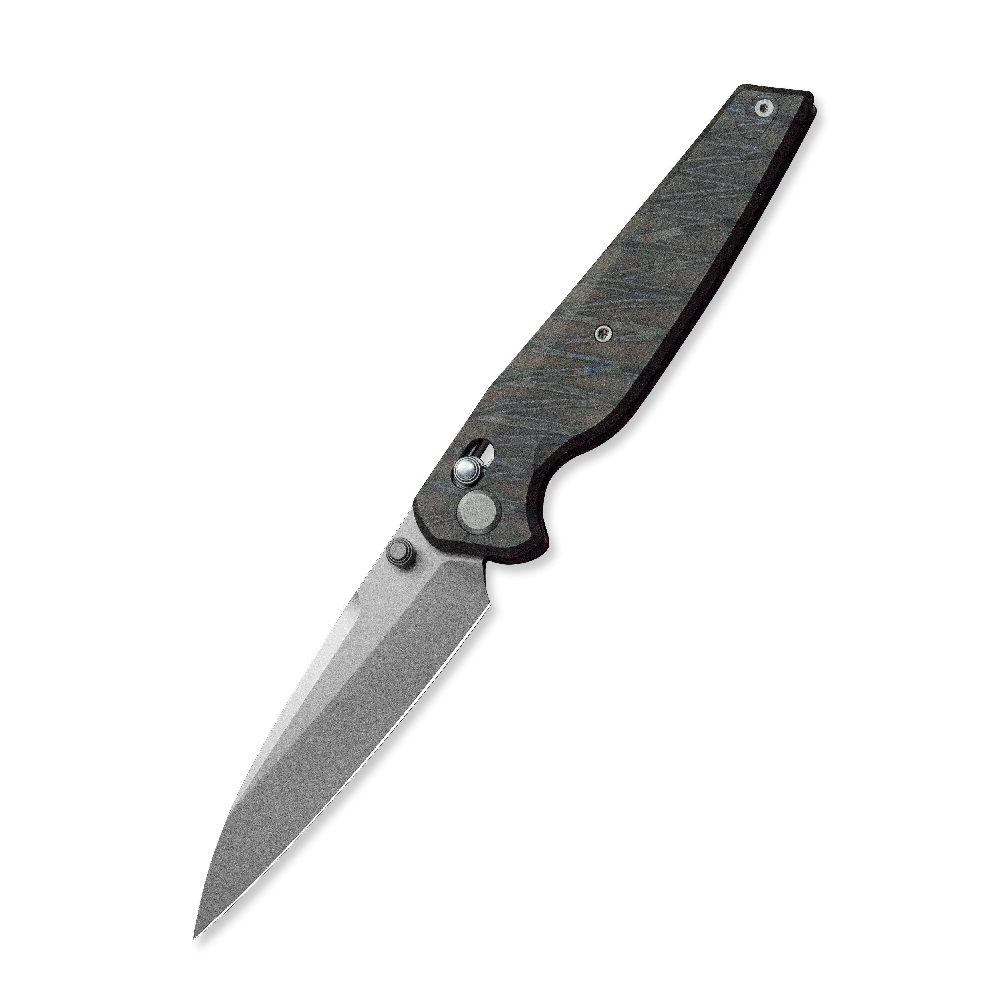 (Pre-order) : Geo knife FANTASM Axis lock Folding Knife Tiger Stripe Pattern Flamed  6AL4V Titanium Handle 3.9" Stonewash Bohler M390 Blade GEO2505B