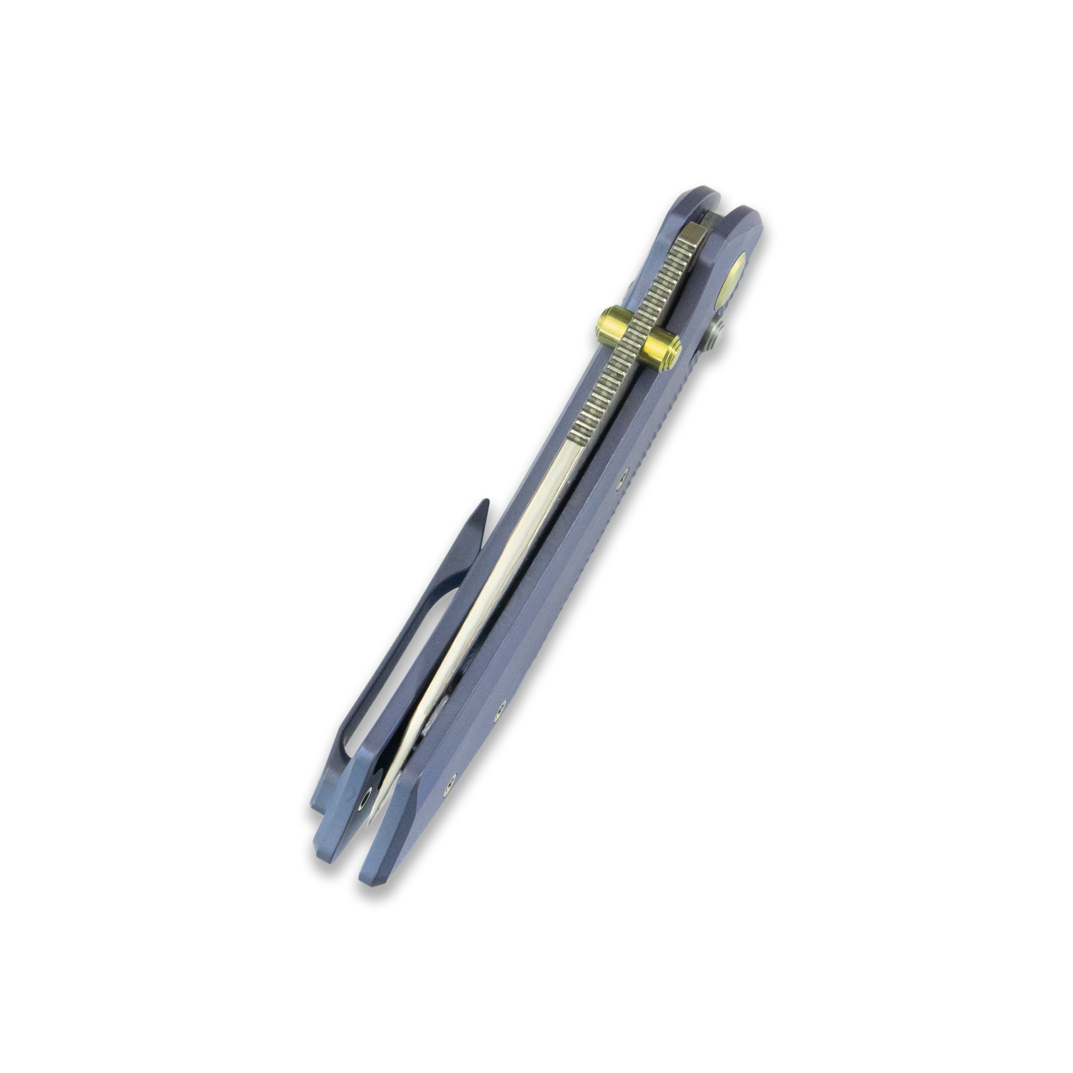 GEO Knife DIVID Axis lock Folding Knife Blue 6AL4V Titanium Handle 3.1" Damascus Steel & Copper Blade（10Cr15CoMoV) GEO2507B