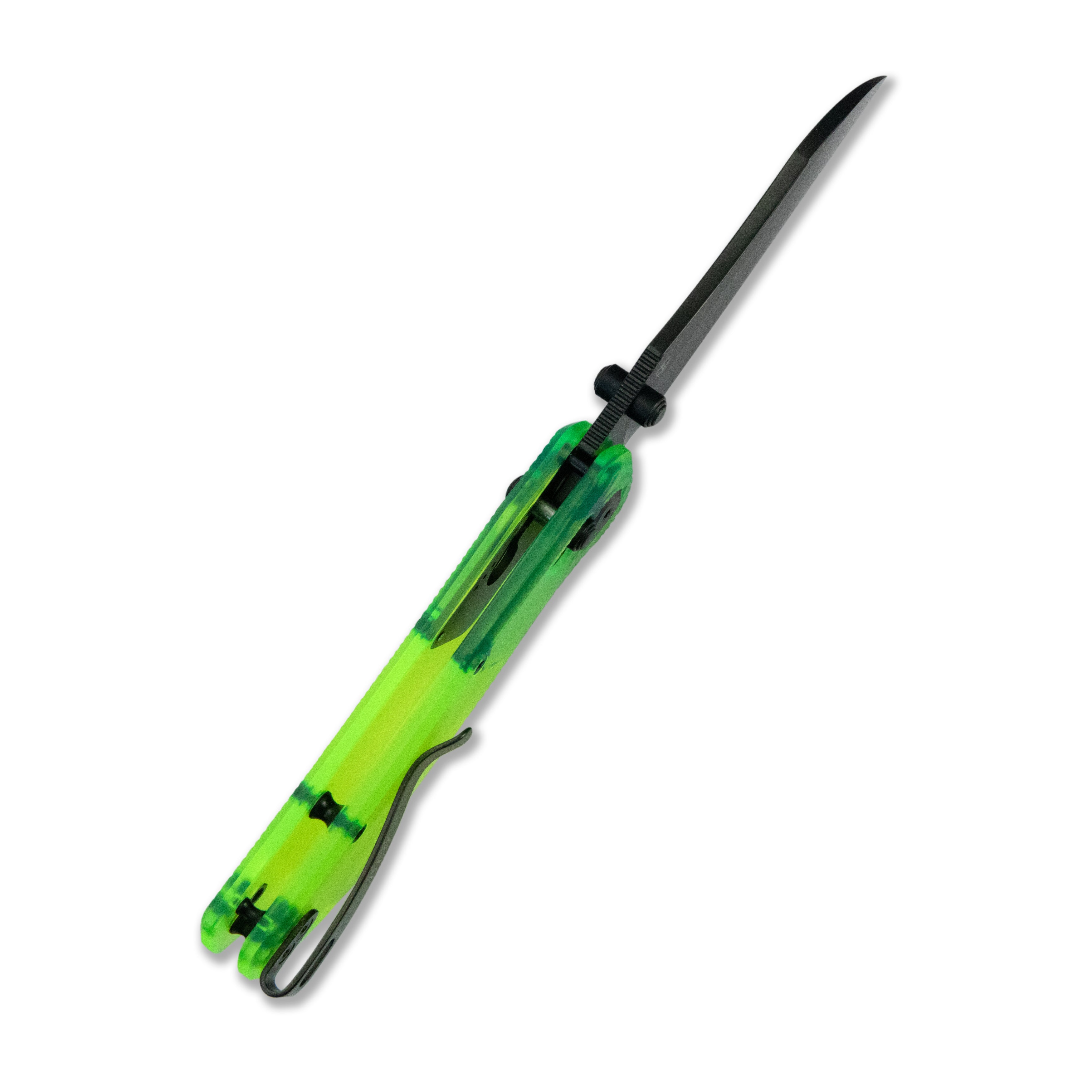 Blade HQ Exclusives SKU : GEO Knife Komodo Crossbar lock Folding Knife Green Acrylic Handle 3.1" Black DLC CPM S90V Blade GEO2509N