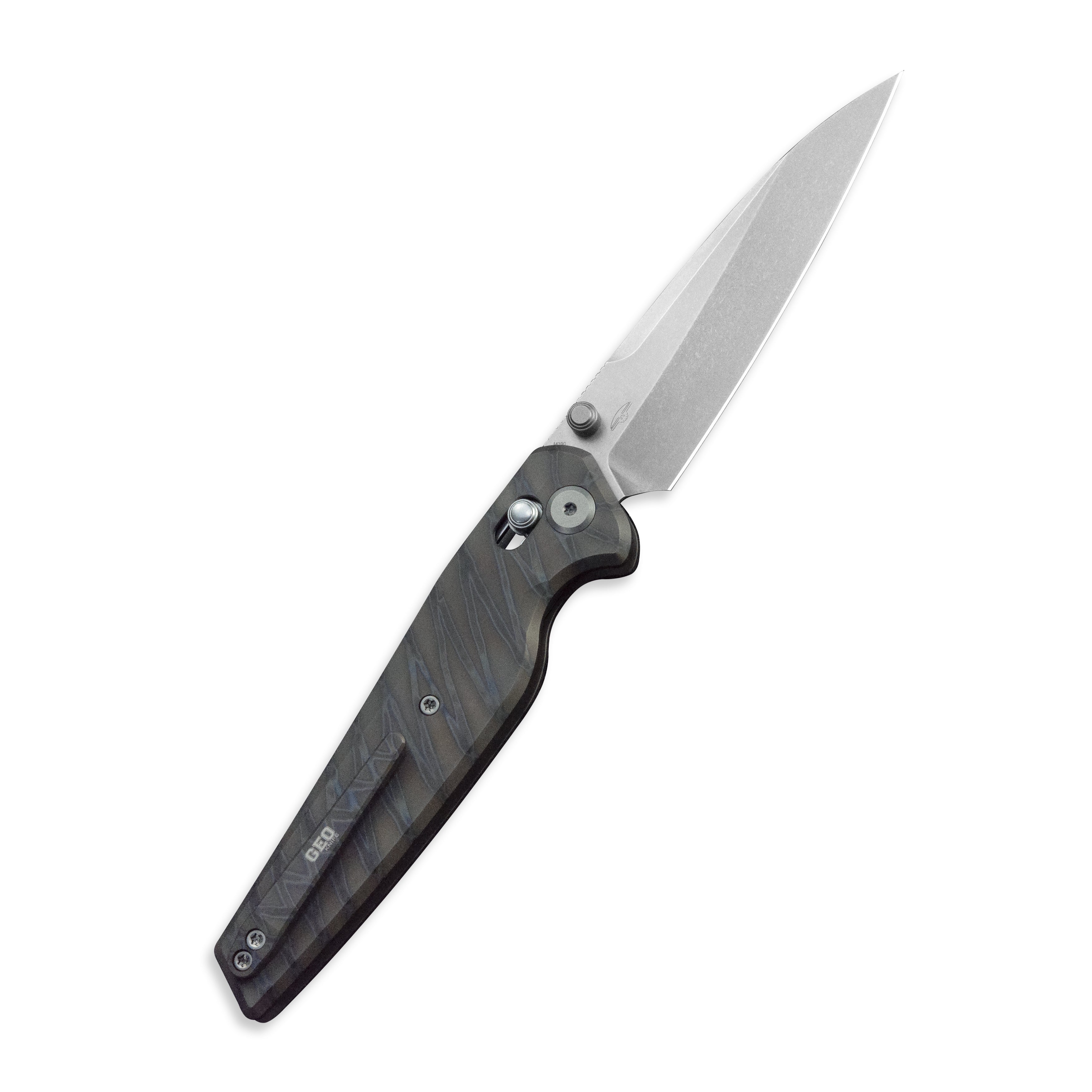 (Pre-order) : Geo knife FANTASM Axis lock Folding Knife Tiger Stripe Pattern Flamed  6AL4V Titanium Handle 3.9" Stonewash Bohler M390 Blade GEO2505B