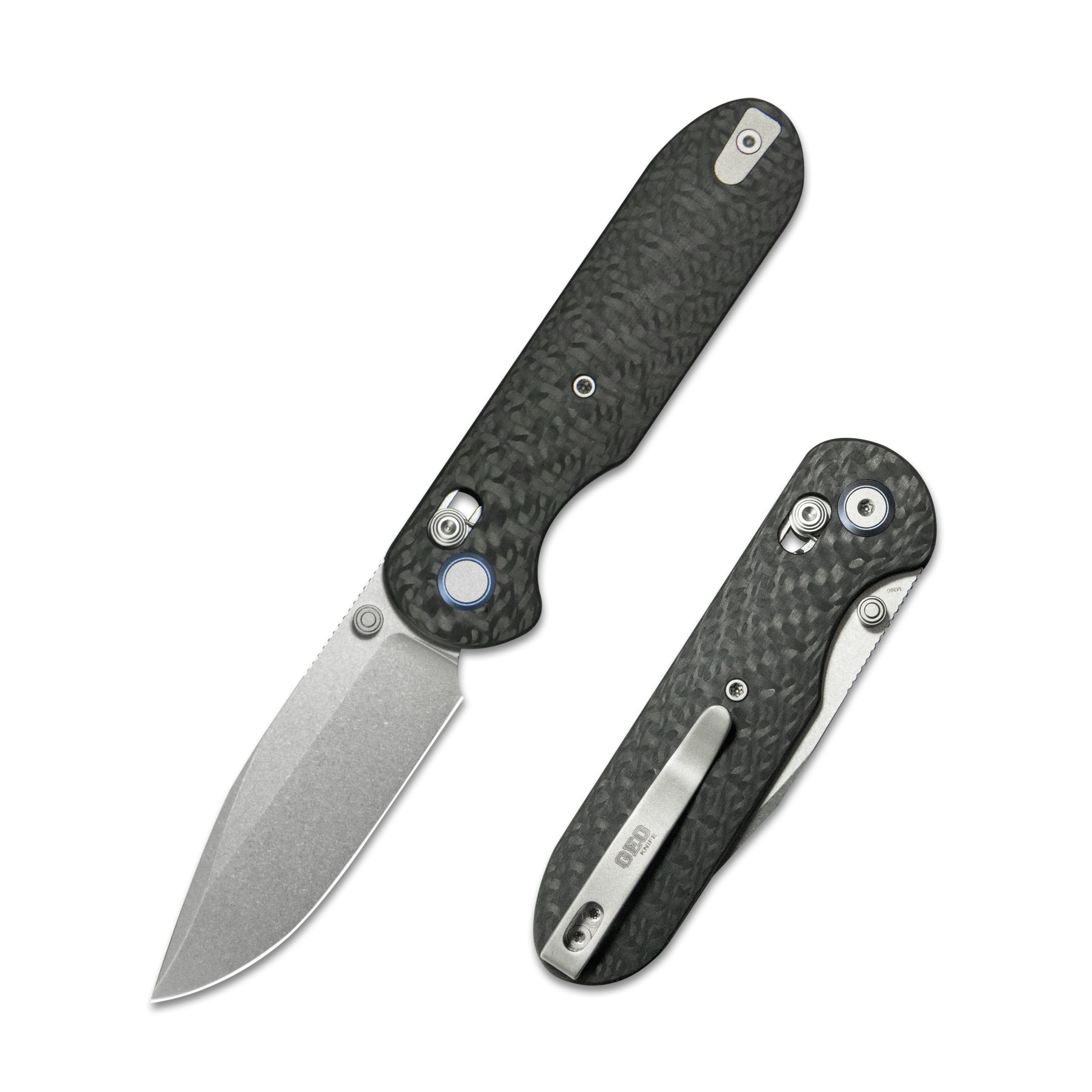 (Pre-order) : Geo knife Ethereal Cutter Axis lock Folding Knife Black Carbon fiber Handle 3.0" Stonewash Bohler M390 Blade GEO2402K