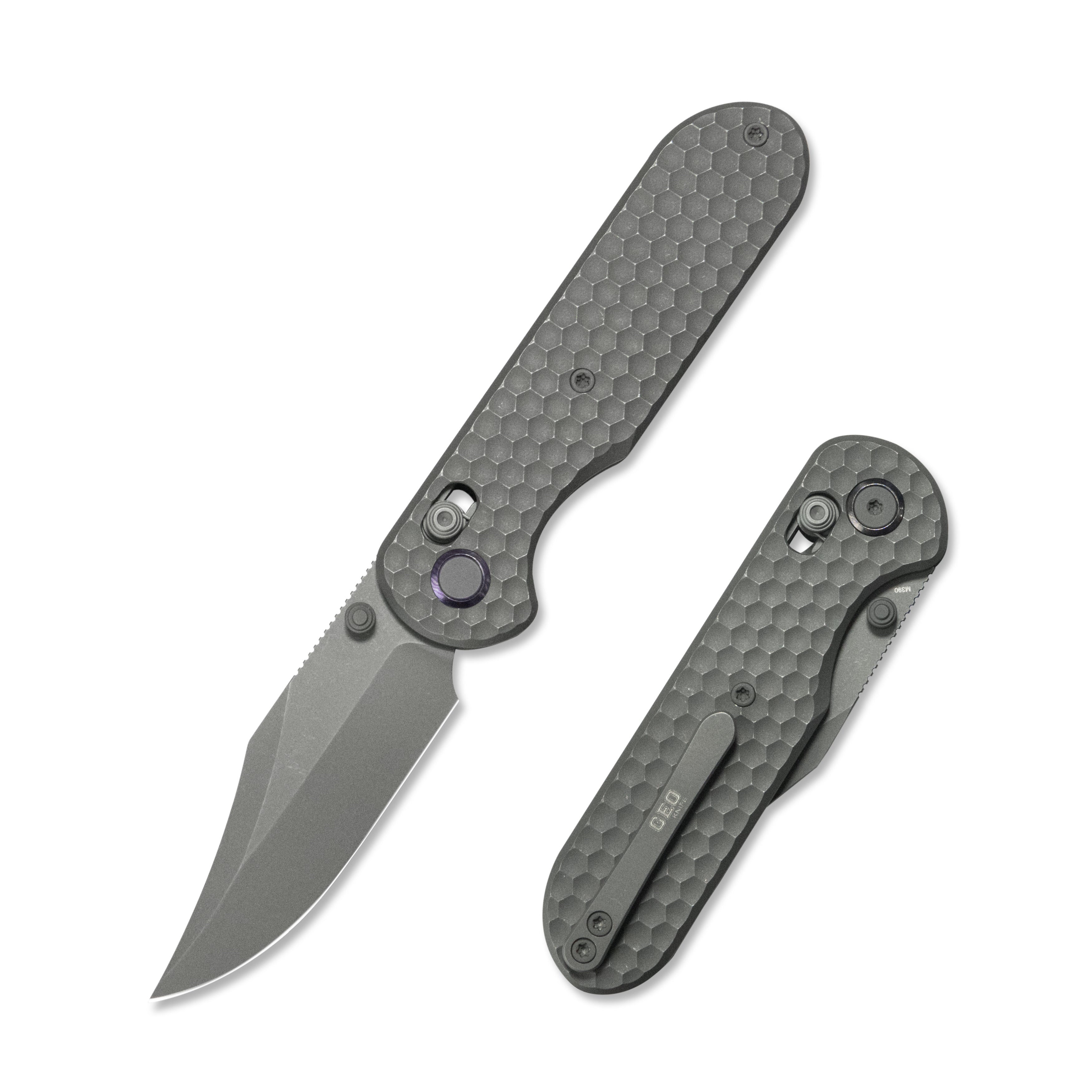 Geo knife Ethereal Cutter Axis lock Folding Knife Gray 6AL4V Titanium Handle 3.03" Darkwash Bohler M390 Blade GEO2401C