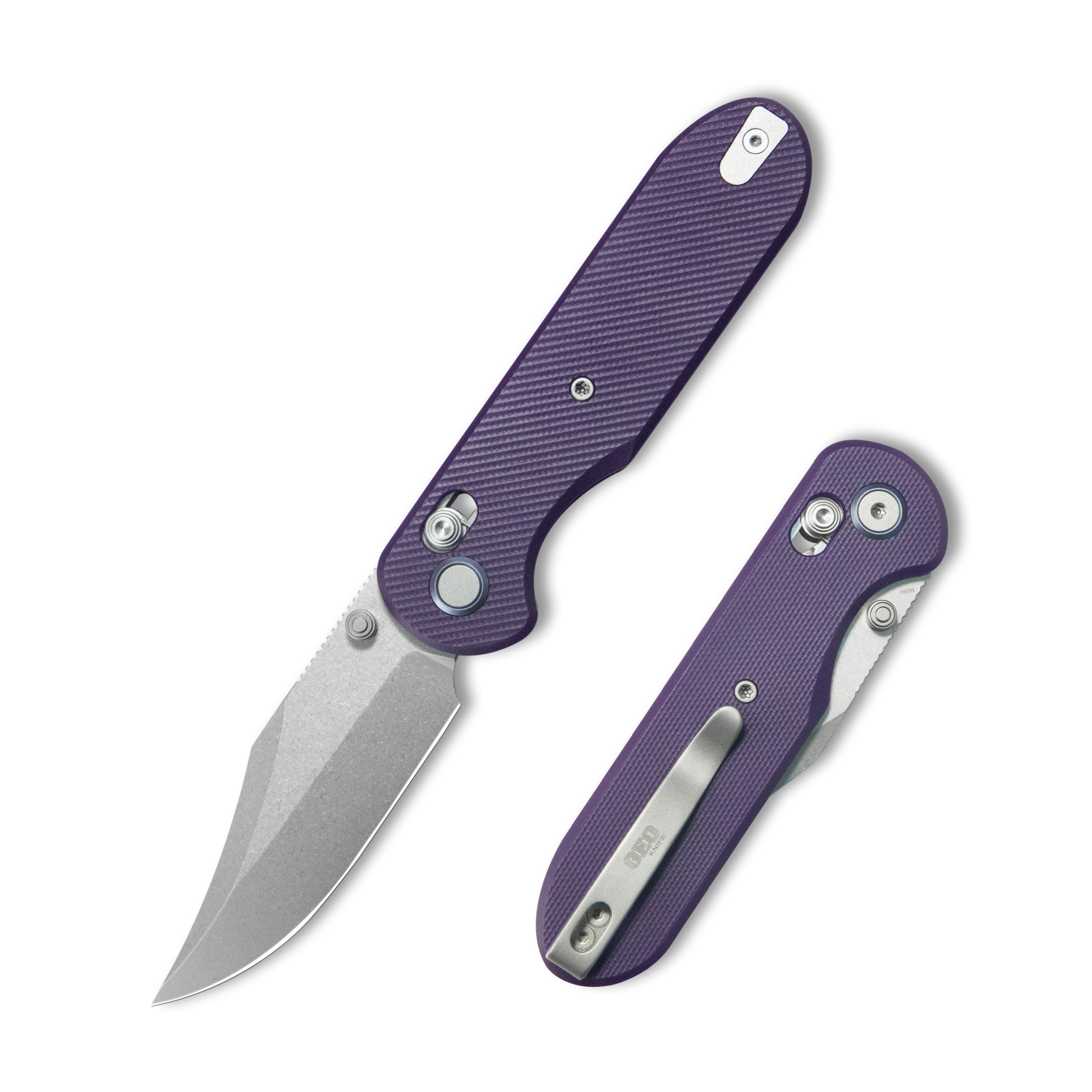 (Pre-order) : Geo knife Ethereal Cutter Axis lock Folding Knife Purple G10 Handle 3.0" Stonewash Bohler M390 Blade GEO2401L