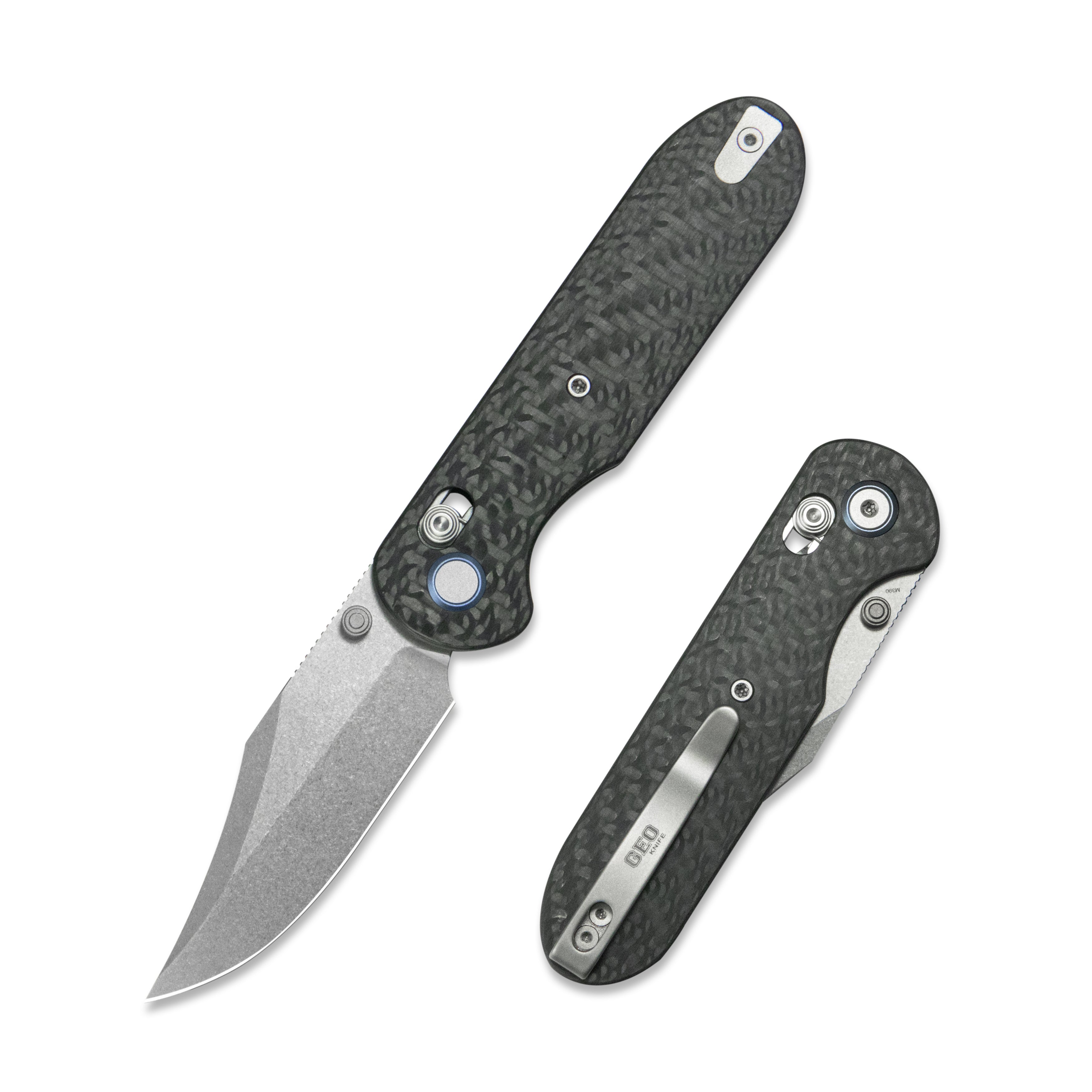 (Pre-order) : Geo knife Ethereal Cutter Axis lock Folding Knife Black Carbon Fiber Handle 3.0" Stonewash Bohler M390 Blade GEO2401K
